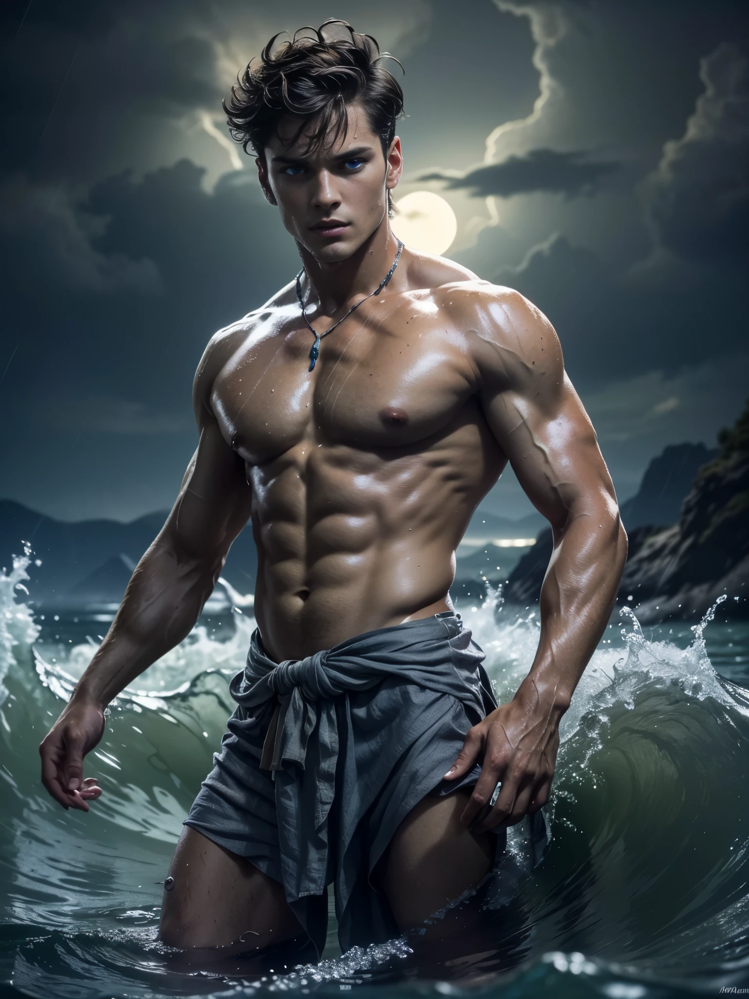 ((masterpiece)),((best quality)),8k, high detailed, ultra-detailed, Stylish Pose, real skin texture, dark cinematic lighting, 18-year-old italian male model, handsome, cute looking, divine look, powerful , (blue eyes:1.4), (god Poseidon:1.3), god of the seas, Neptune, godly, hydrokinesis, bending water, displaying the ability to manipulate water, creating massive waves and bend water:1.5), white pale skin, roman god physic, intense, (dry short hair:1.8), (dry short brown messy hair, strong jawline, masculine, muscular, defined fit body, hairless chest, shirtless, pantless, barechested, topples, barelegged, open sea, (under the water:1.4), sinister aesthetic, black storm clouds, lightning clouds, deep blue ocean waves, (night dark storm:1.6), barelegged, barefoot, antique cloth, antique linen spartan skirt, (sexy linen antique draped cloth:1.3),,,,,(dark background:1.5), dim light, dark atmosphere, cinematic lighting, Depth of field, award-winning photography, elegant, hyperrealistic, octane render, unreal, high definition, 8k resolution, highly detailed, 8k uhd, professional lighting, photon mapping, radiosity, physically-based rendering