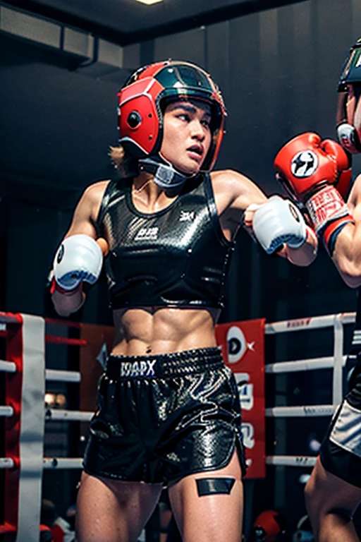 (original) , (very detailed wallpaper) , (best quality) , (masterpiece) , photographic reality, realistic, very detailed illustrations, (2 boys, 18 years old) , Indonesians, (serious faces) , perfect detail, (best lighting) , (super complex details) , 
 (Proffessional boxing boys), (both wearing protective boxing helmets: 1.5), (aggressive punching to each other) , sweat, heavy breathing, (oppressive attack) , (boxing ring) , athletic shorts, (protective boxing helmets on: 1.5), perfect detail, boxing gloves on, perfect limbs, impact, (shiny skin) , abs, muscles, waistline,boxing shorts, boxing fight, (super detailed CG: 1.2) , (8K: 1.2) , realistic, octane rendering