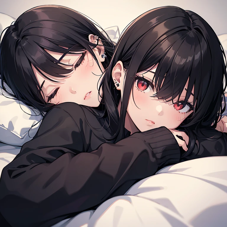 woman,black hair,black clothes,long sleeve,red eyes,Lips big,co-sleeping,Sleeping face down,looking at me,Using your arm as a pillow,small ear piercing,I feel like I'm hiding under a futon,Only one person in the illustration,seems kind,A little sideways glance,cute,older sister