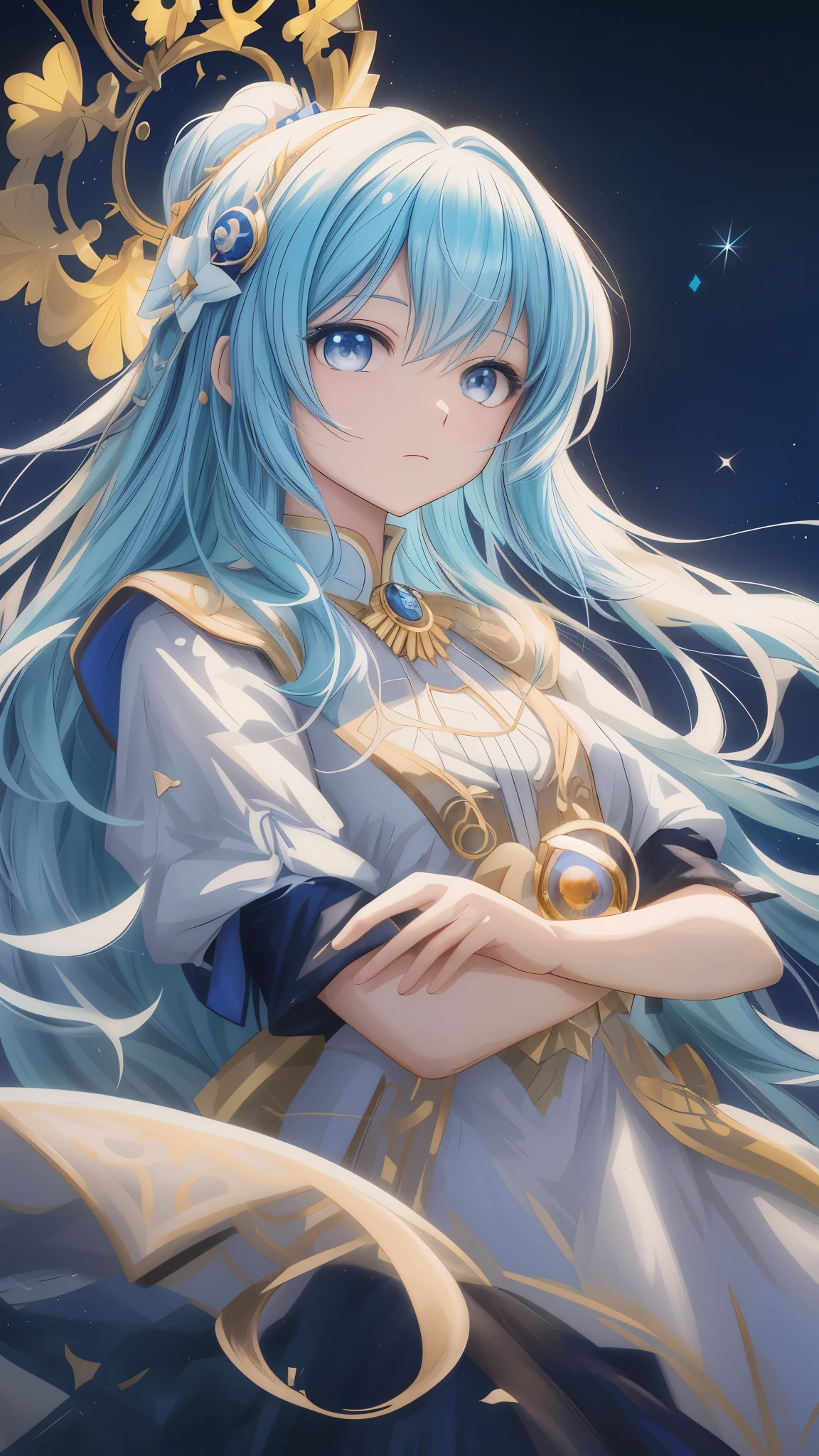 Chica anime con cabello azul y un vestido blanco con una corona dorada., portrait caballeros de la chica del zodiaco, Diosa del anime, caballeros de la chica del zodiaco, arte de anime digital detallado, tendencia en artstation pixiv, anime girl with cosmic hair, Arte detallado de alta calidad 8k, arte detallado del personaje de anime, arte de anime detallado, estilo anime 4k, Hermoso Mago Celestial