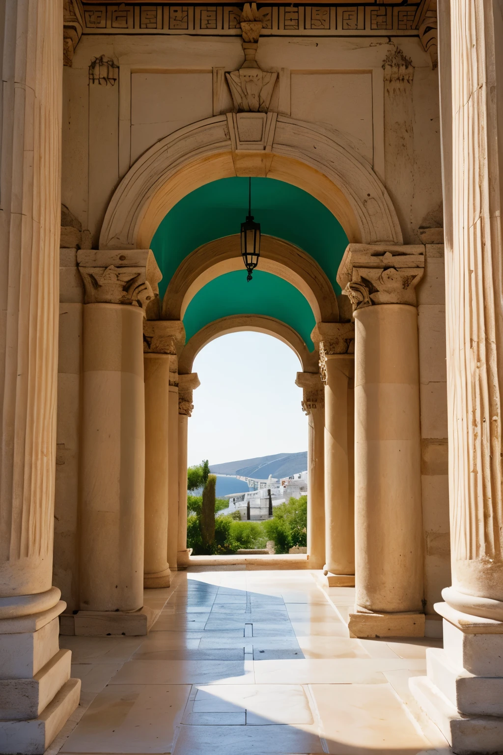 Entrance to a Greek style palace, com 4 pilares altos e uma entrada no meio.