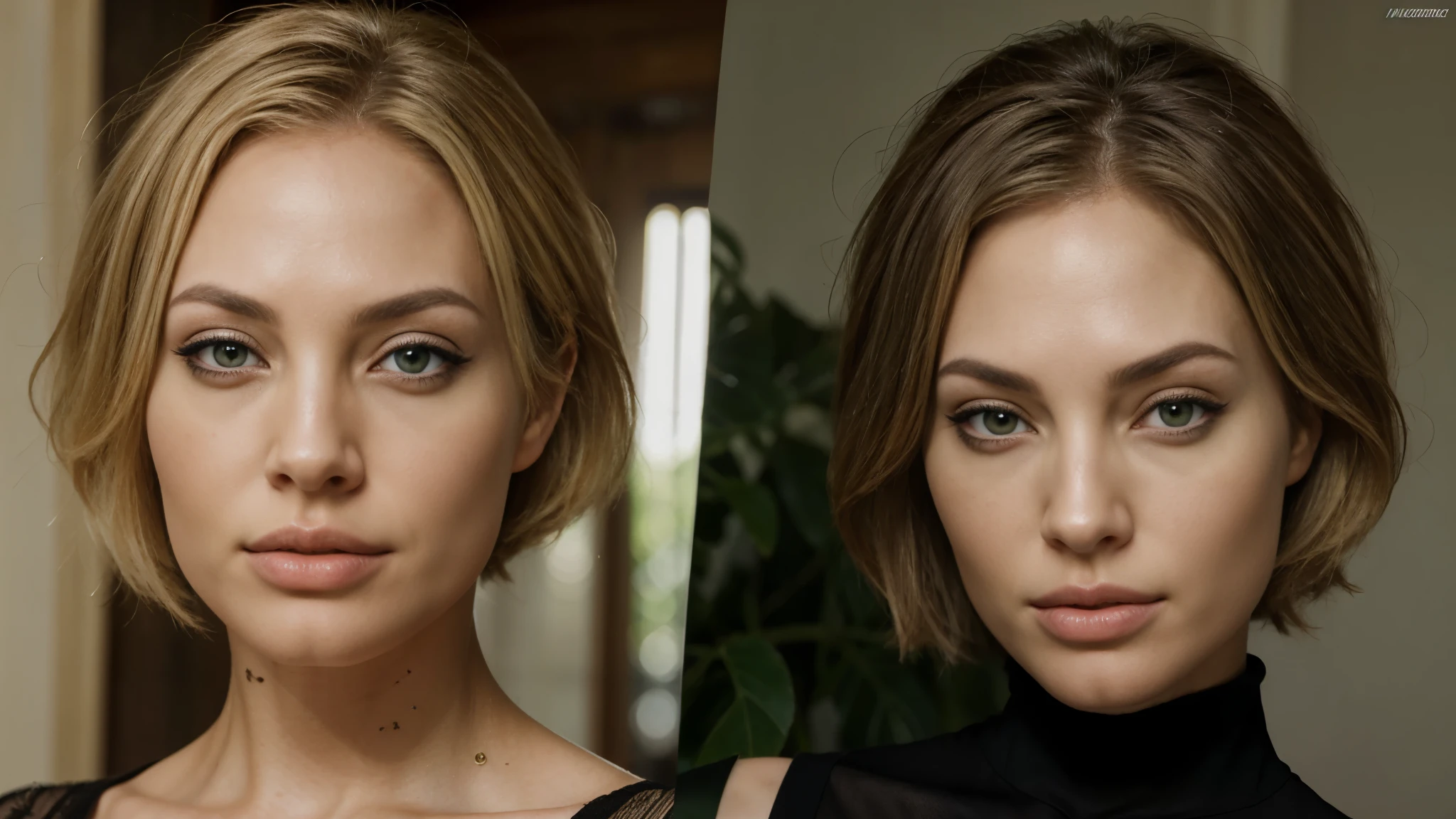 realistic woman, dark green eyes, blond hair, mouth similar to Angelina Jolie and face similar to Megan Fox, thin nose and short hair