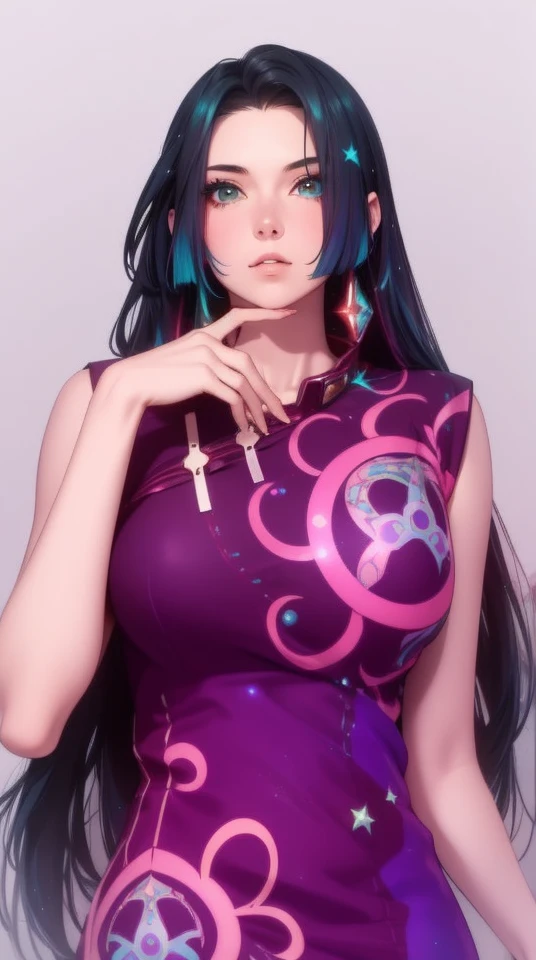 a girl with rainbow colored hair and detailed teal dress armor, standing, rainbow colored cosmic nebula background, stars, galaxies, intricate details, perfect face