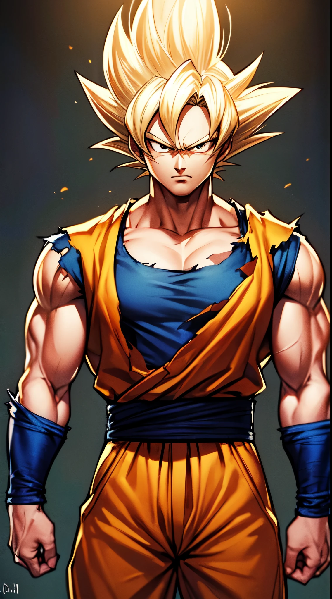 ((masterpiece,best quality,ultra-detailed,))very detailed illustrations,extremely detailed,intricate details,highres,super complex details,extremely detailed 8k cgi wallpaper,cowboy shot (("Son goku" super sayajin)) looking at viewer, serious face. Yellow orange aura of power. Muscles. soft light. digital art. traces of 90's anime. Orange Torn clothes. Face defined, more detail, high detailed.