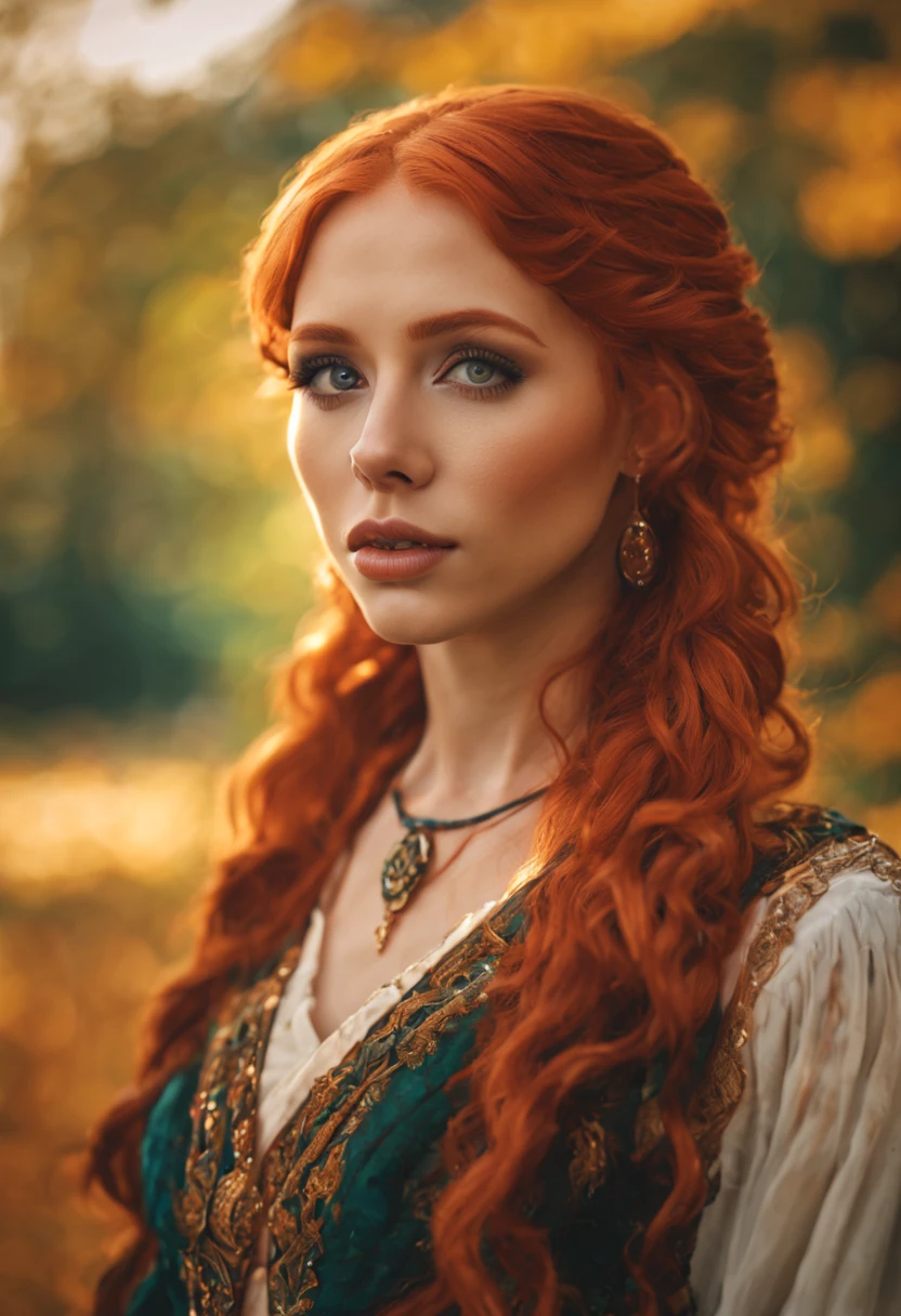 (goddess,red-haired,celtic,beautiful detailed eyes,beautiful detailed lips,extremely detailed eyes and face,longeyelashes),park,phone photo,close up,(best quality,4k,8k,highres,masterpiece:1.2),ultra-detailed,(realistic,photorealistic,photo-realistic:1.37),soft sunlight,autumn colors,blurred background