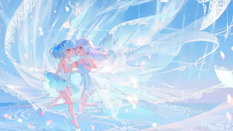Ejaculate,Lots of Semen,Whole body,fair skin,The skin is delicate and shiny,light blue pupils,Bandeau dress,lace,ribbon,Strapless,Beautifully,prettify,flying petals, softer colors,Soft contrast,(2girls:1.1),