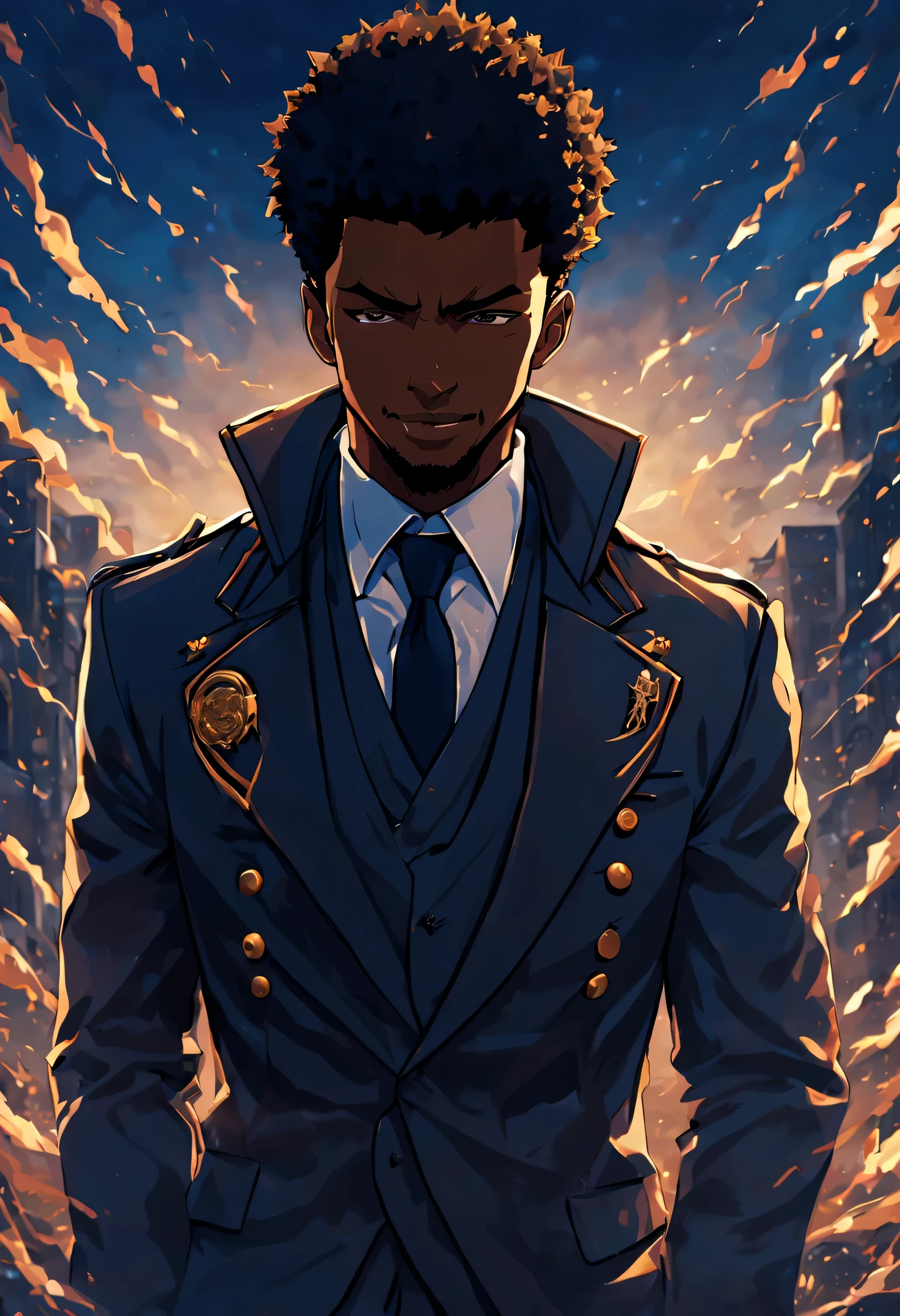 anime, solo leveling, short black adult male anime character in a suit and has military haircut with very short hair, very handsome, cool smile, 8k, best quality, best detailed, Intricate detail, hyper detailed, masterpiece, blue, beautiful cinematic background, portrait