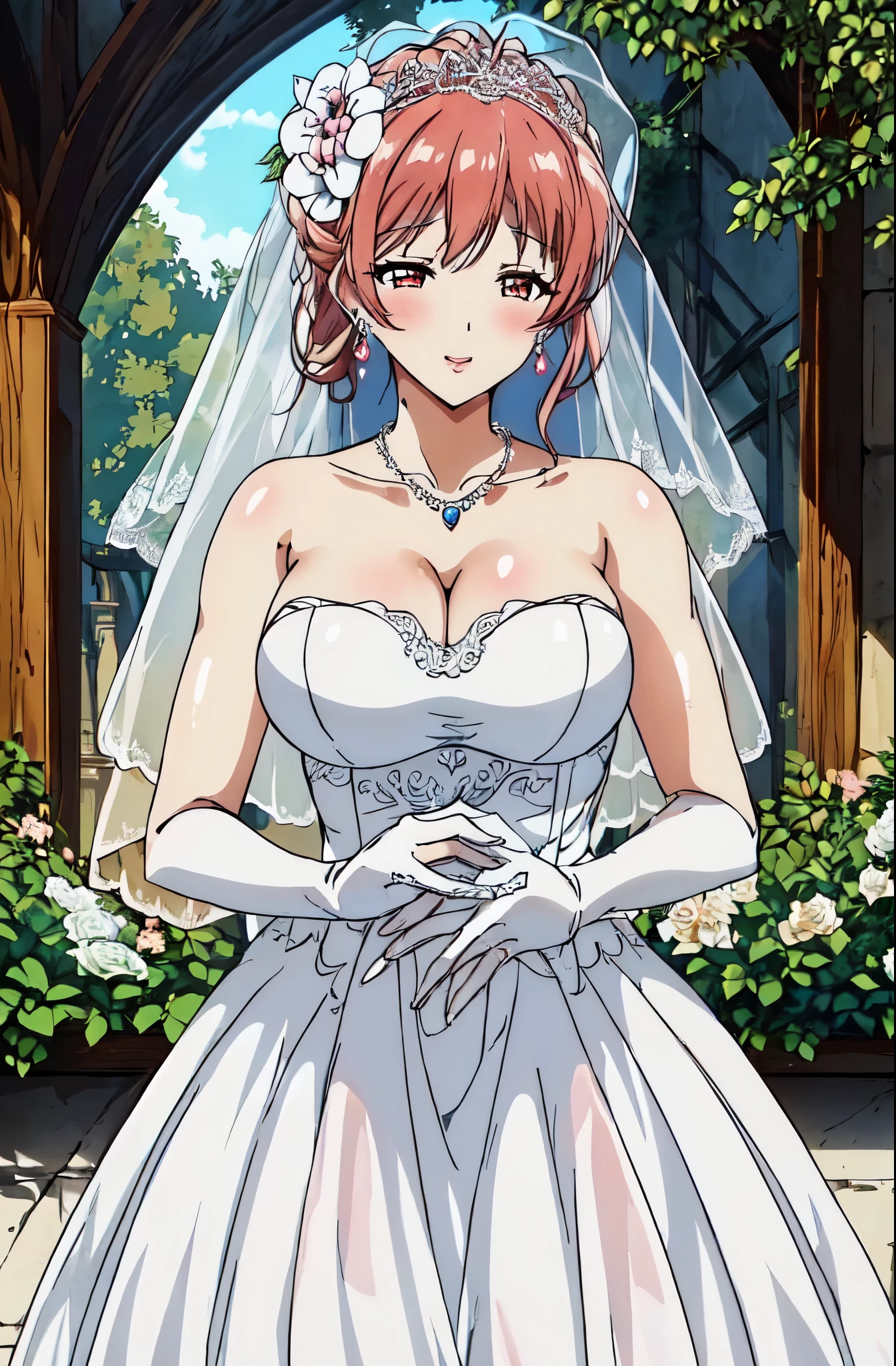 Close-up of beautiful bride wearing beautiful wedding dress,Gurwitz,(bridal veil:1.5),(Transparent short veil:1.5),Blushing face,Head flower,headgear,(tube top wedding dress:1.5),(Silk dress:1.2),(Strapless wedding dress:1.5),pure white dress,necklace,earrings,(large breasts:1.3),Deep V peach heart collar wedding dress,Bangs,lipstick,(lace gloves:1.3),whole body照,High detail RAW color art,Long white dress,whole body,Place your hands behind your back,