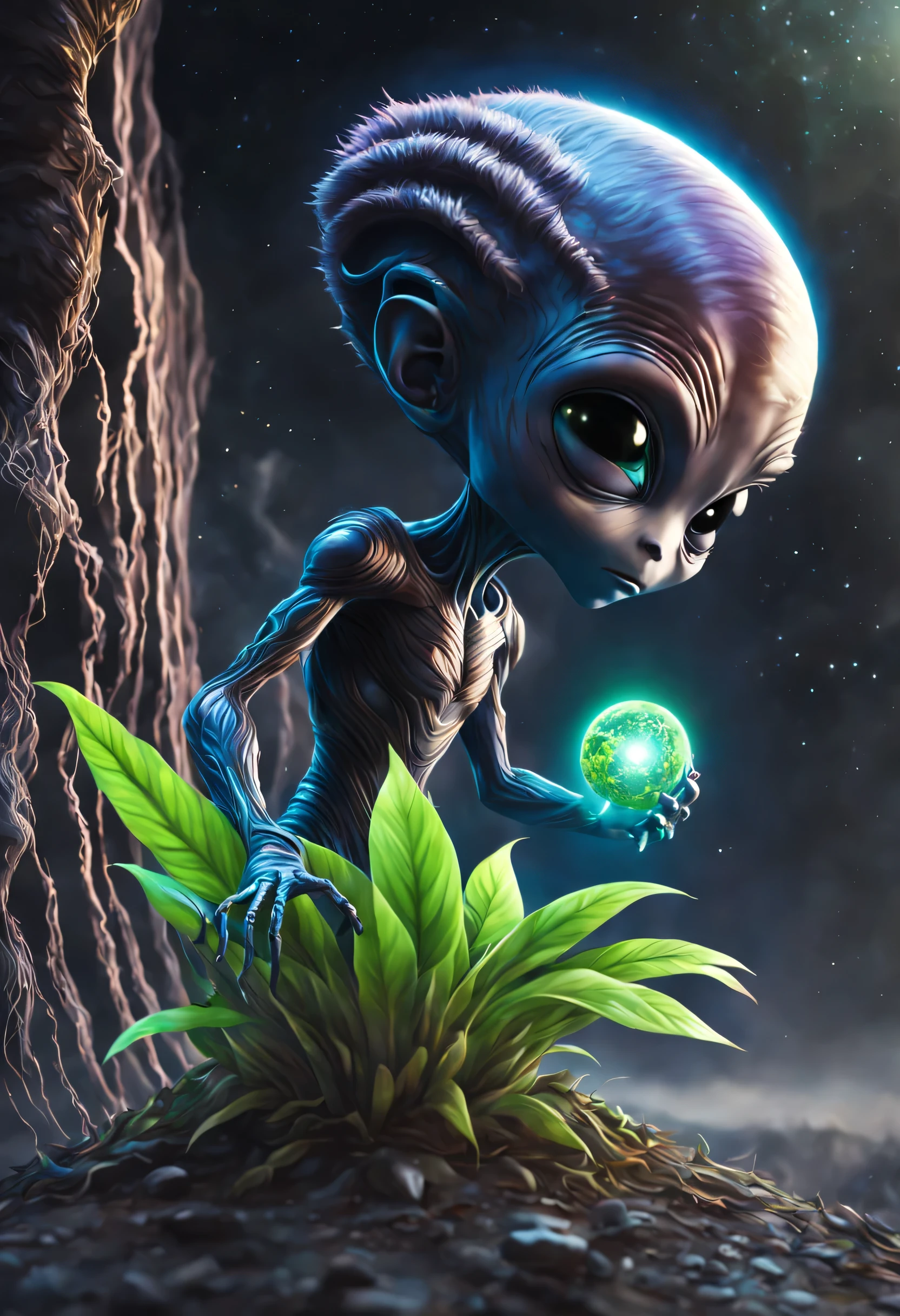 an alien discovers a magnificent and textured planet, by touching a plant, he finds himself with completely electrified hair