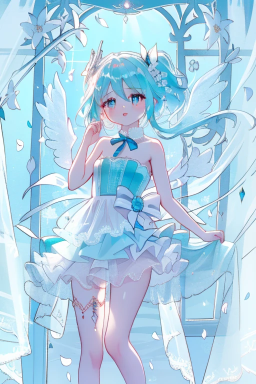Ejaculate，Lots of Semen，Whole body，fair skin，The skin is delicate and shiny，light blue pupils，Bandeau dress，lace,ribbon，Strapless,Beautifully,prettify,flying petals, softer colors，Soft contrast