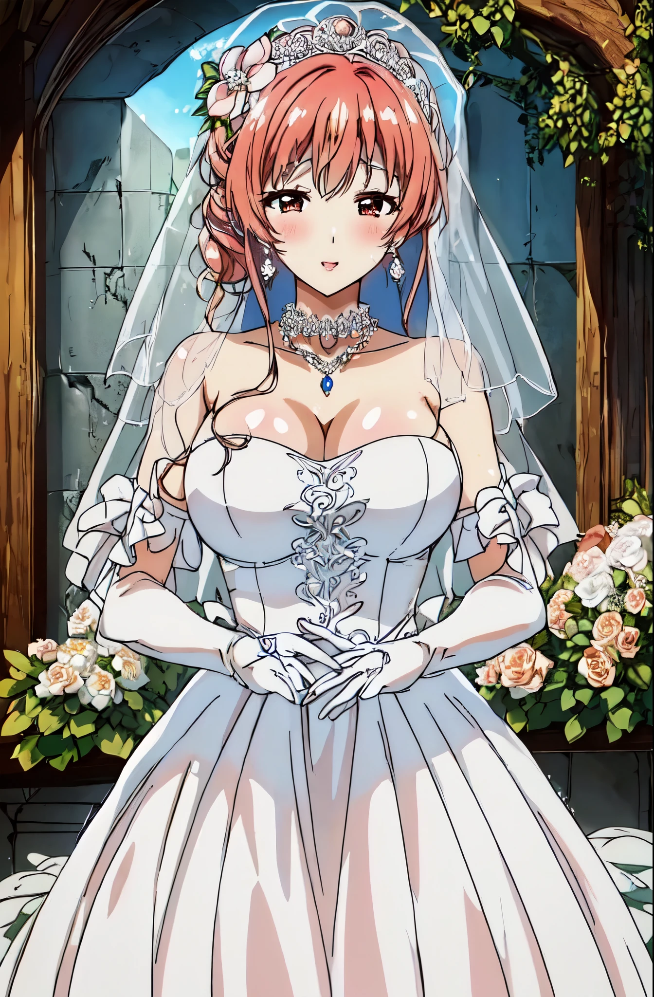 Close-up of beautiful bride wearing beautiful wedding dress,Gurwitz,(bridal veil:1.5),(Transparent short veil:1.5),Blushing face,Head flower,headgear,(tube top wedding dress:1.5),(Silk dress:1.2),(Strapless wedding dress:1.5),pure white dress,necklace,earrings,(large breasts:1.3),Deep V peach heart collar wedding dress,Bangs,lipstick,(lace gloves:1.3),whole body照,High detail RAW color art,Long white dress,whole body,Place your hands behind your back,