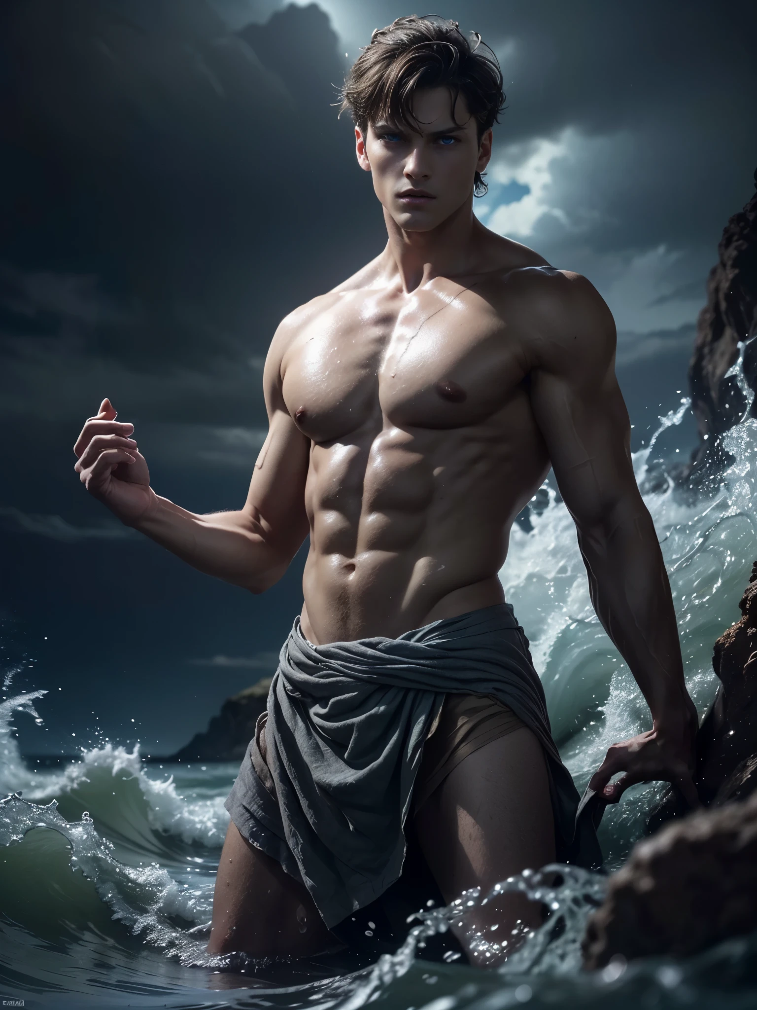 ((masterpiece)),((best quality)),8k, high detailed, ultra-detailed, Stylish Pose, real skin texture, dark cinematic lighting, 18-year-old italian male model, handsome, cute looking, divine look, powerful , (blue eyes:1.4), (god Poseidon:1.3), god of the seas, Neptune, godly, hydrokinesis, bending water, displaying the ability to manipulate water, creating massive waves and bend water:1.5), white pale skin, roman god physic, intense, (dry short hair:1.8), (dry short brown messy hair, strong jawline, masculine, muscular, defined fit body, hairless chest, shirtless, pantless, barechested, topples, barelegged, open sea, (under the water:1.4), sinister aesthetic, black storm clouds, lightning clouds, deep blue ocean waves, (night dark storm:1.6), barelegged, barefoot, antique cloth, antique linen spartan skirt, (sexy:1.6) (sexy low rise, linen antique draped cloth:1.3),,,,,(dark background:1.5), dim light, dark atmosphere, cinematic lighting, Depth of field, award-winning photography, elegant, hyperrealistic, octane render, unreal, high definition, 8k resolution, highly detailed, 8k uhd, professional lighting, photon mapping, radiosity, physically-based rendering
