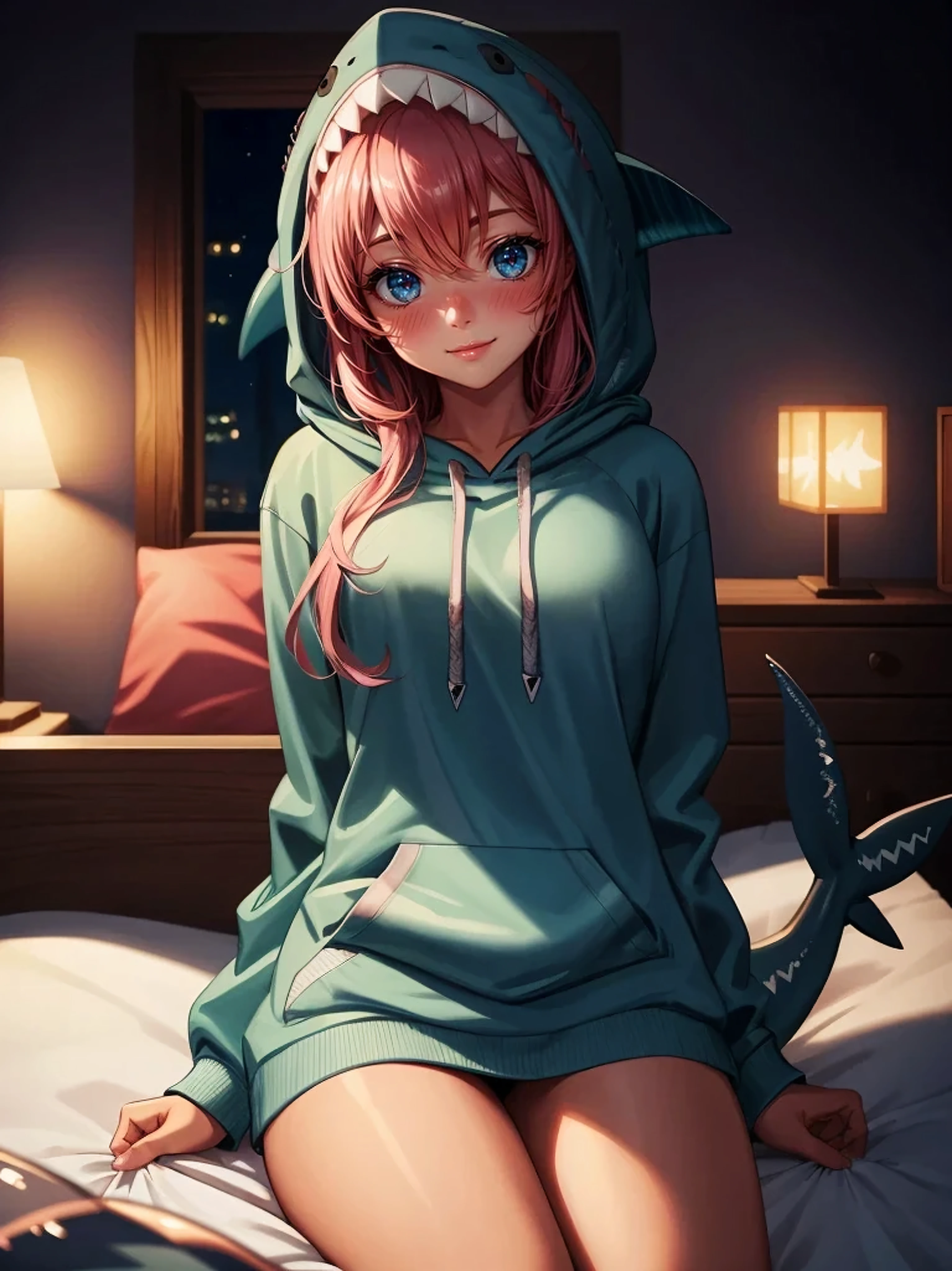 (best quality,4k,8k,highres,masterpiece:1.2),ultra-detailed, portrait, girl, shark costume, bedroom, night