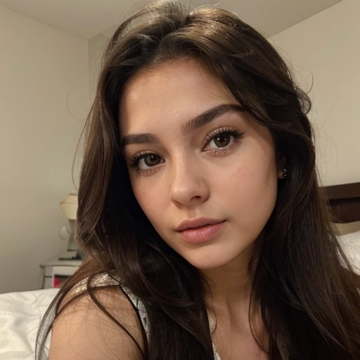 Image of a 20 year old brunette woman., que tiene una cara muy natural, labios delgados, ojos delgados, cejas finas, nariz fina, pendientes, long eyelashes. She is on her bed in a very sexy position