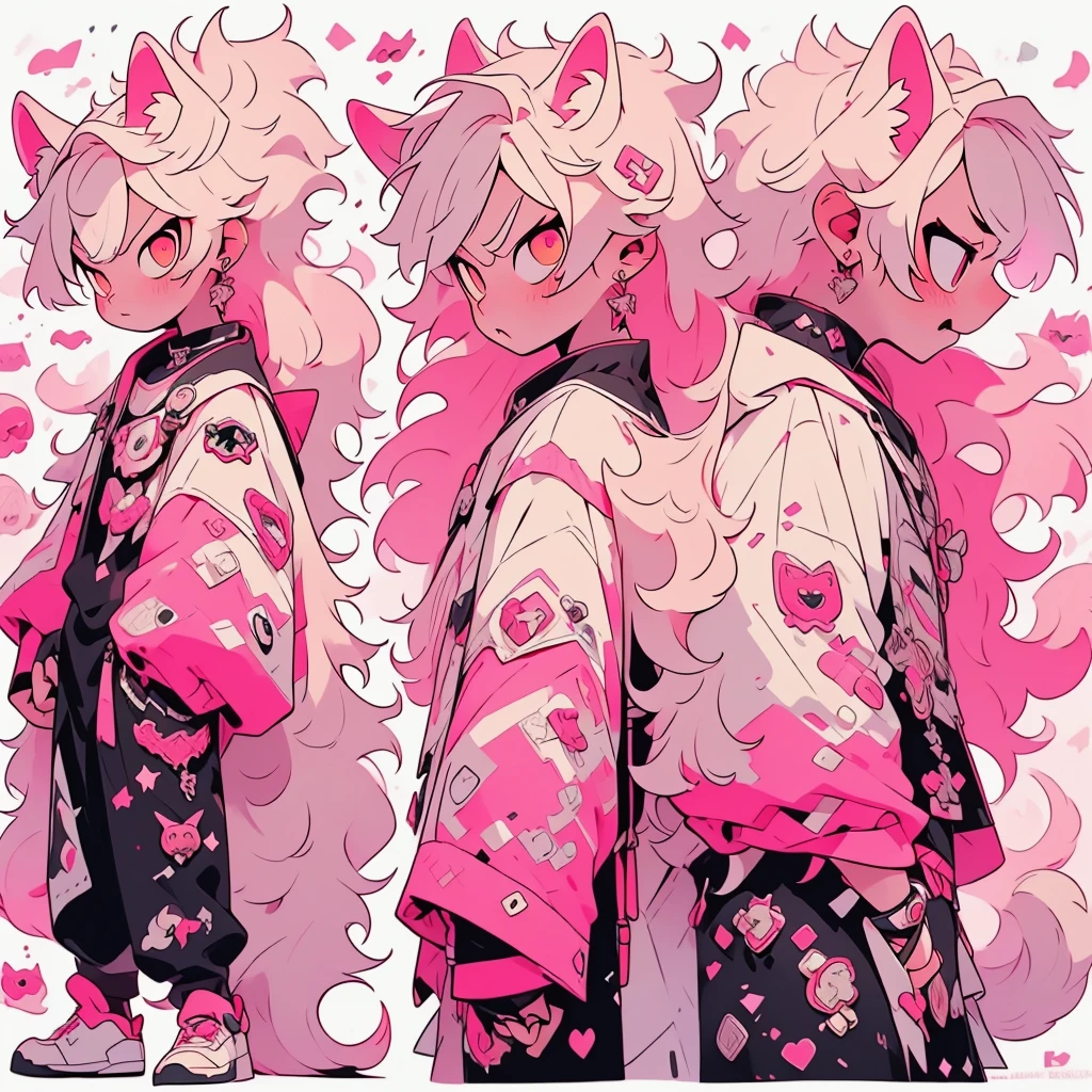 ((masterpiece)),(((best quality))),(character design sheet, same character, front, side, angry, happy, sad, annoyed, full body), (vtuber model), (male), white fluffy hair, white and pastel pink husky ears, yellow left eye, pink right eye, simple gothic outfit