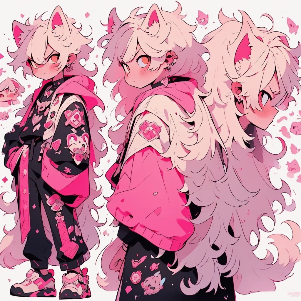 ((masterpiece)),(((best quality))),(character design sheet, same character, front, side, angry, happy, sad, annoyed, full body), (vtuber model), (male), white fluffy hair, white and pastel pink husky ears, yellow left eye, pink right eye, simple gothic outfit