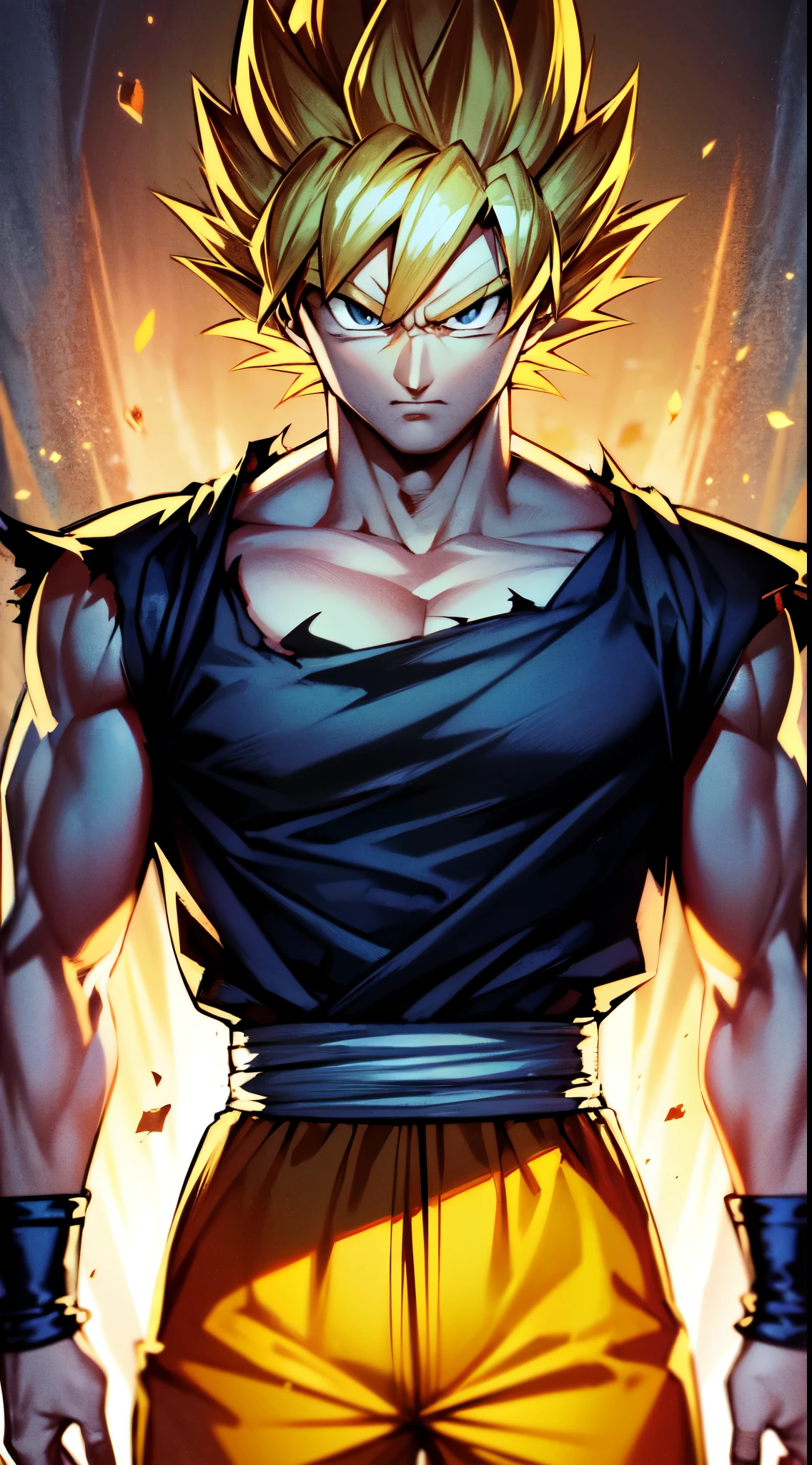 ((masterpiece,best quality,ultra-detailed,))very detailed illustrations,extremely detailed,intricate details,highres,super complex details,extremely detailed 8k cgi wallpaper,cowboy shot (("Son goku" super sayajin)) looking at viewer, serious face. Yellow orange aura of power. Muscles. soft light. digital art. traces of 90's anime. Orange Torn clothes. Face defined, more detail, high detailed.