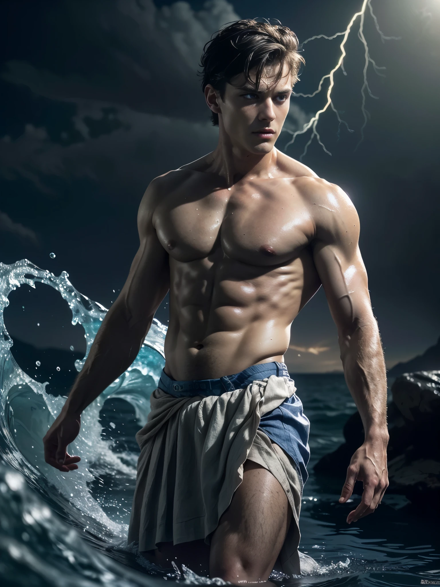 ((masterpiece)),((best quality)),8k, high detailed, ultra-detailed, Stylish Pose, real skin texture, dark cinematic lighting, 18-year-old italian male model, handsome, cute looking, divine look, powerful , (blue eyes:1.4), (god Poseidon:1.3), god of the seas, Neptune, godly, hydrokinesis, bending water, displaying the ability to manipulate water, creating massive waves and bend water:1.5), white pale skin, roman god physic, intense, (dry short hair:1.8), (dry short brown messy hair, strong jawline, masculine, muscular, defined fit body, hairless chest, shirtless, pantless, barechested, topples, barelegged, open sea, (under the water:1.4), sinister aesthetic, black storm clouds, lightning clouds, deep blue ocean waves, (night dark storm:1.6), barelegged, barefoot, antique cloth, antique linen spartan skirt, (sexy low-rise skirt:1.6) (sexy, linen antique draped cloth:1.3),,,,,(dark background:1.5), dim light, dark atmosphere, cinematic lighting, Depth of field, award-winning photography, elegant, hyperrealistic, octane render, unreal, high definition, 8k resolution, highly detailed, 8k uhd, professional lighting, photon mapping, radiosity, physically-based rendering
