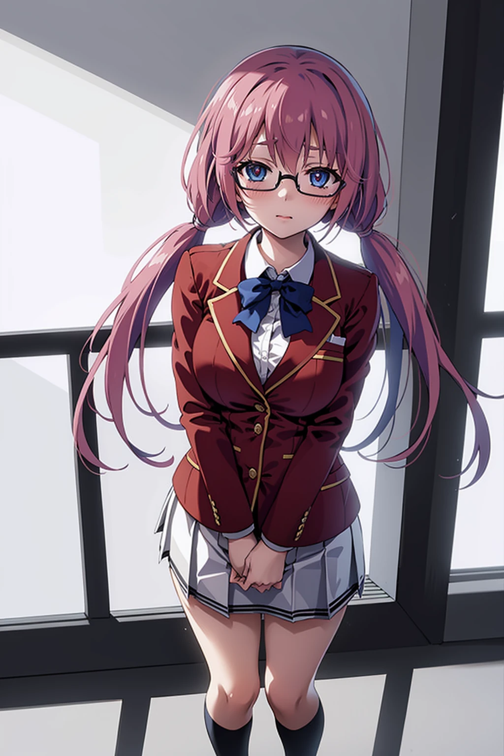 looking at viewer, standing, from above, 
airisakura, airi sakura, blue eyes, (glasses), long hair, pink hair, (low twintails:1.5),
BREAK 
advanced nurturing high school uniform, school uniform, blazer, red blazer, jacket, bow, bowtie, long sleeves, shirt, white shirt, collared shirt, skirt, pleated skirt, white skirt, white socks, shoes, 
BREAK 
looking at viewer, cowboy shot,
BREAK 
indoors, classroom,
BREAK 
(masterpiece:1.2), best quality, high resolution, unity 8k wallpaper, (illustration:0.8), (beautiful detailed eyes:1.6), extremely detailed face, perfect lighting, extremely detailed CG, (perfect hands, perfect anatomy), 
BREAK 
looking at viewer, standing, from above, 
