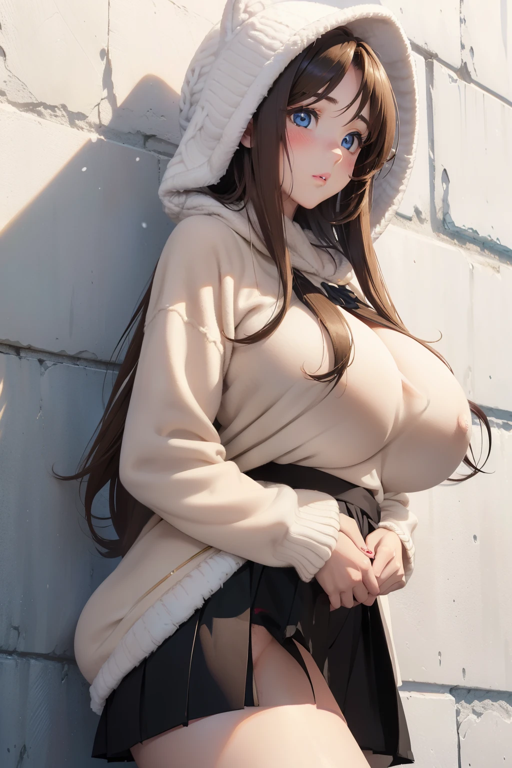 (masterpiece, best quality, cinematic, photorealistic, ultra-detailed), 1girl, thicc, (medium shot, from below:1.5), (Naru Narusegawa of Love Hina, (long and dark brown hair, loose and flowing locks hair), perfect hands, perfect face, (huge breasts:1.4), round ass, (wears white hooded and furred sweater, black shirt and skirt:1.3), (seductive pose), (blue eyes, detailed pupils, blushing, slightly parted lips, nude lips), leaning at the wall, (snowy background)