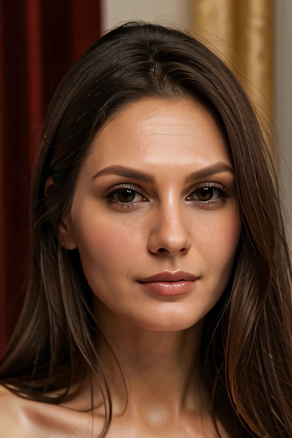 Portrait of a beautiful slavic 36-year old woman with long brown hair, full lips, looking straight into the camera
