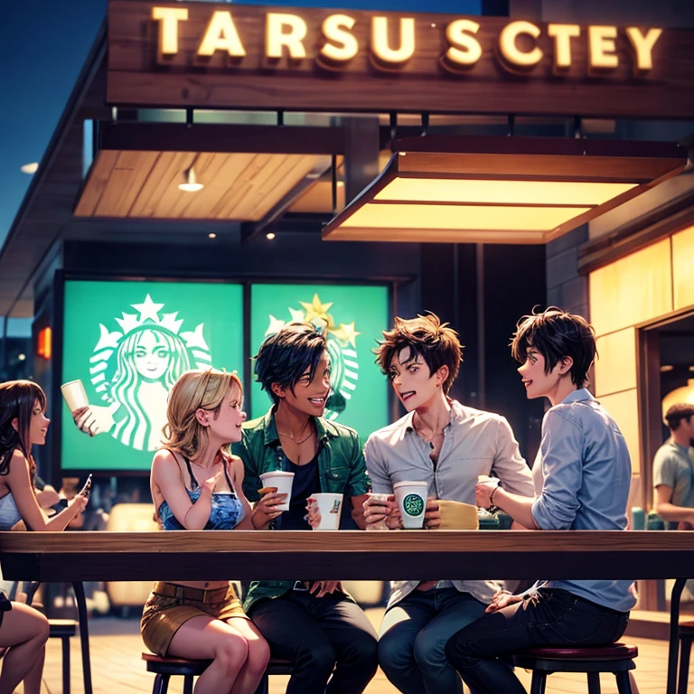 Generate an image of a vibrant Starbucks coffee shop scene with five friends: the main male character, two other male friends, and two female friends, all happily chatting in a brightly lit atmosphere.