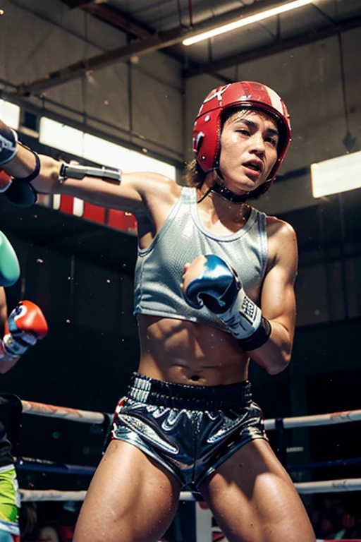 (original) , (very detailed wallpaper) , (best quality) , (masterpiece) , photographic reality, realistic, very detailed illustrations, (2 boys, 18 years old) , Indonesians, (serious faces) , perfect detail, (best lighting) , (super complex details) , 
 (Proffessional boxing boys), (both wearing protective boxing helmets: 1.3), (aggressive punching to each other) , sweat, heavy breathing, (oppressive attack) , (boxing ring) , athletic shorts, (protective boxing helmets on: 1.5), perfect detail, boxing gloves on, perfect limbs, impact, (shiny skin) , abs, muscles, waistline,boxing shorts, boxing fight, (super detailed CG: 1.2) , (8K: 1.2) , realistic, octane rendering