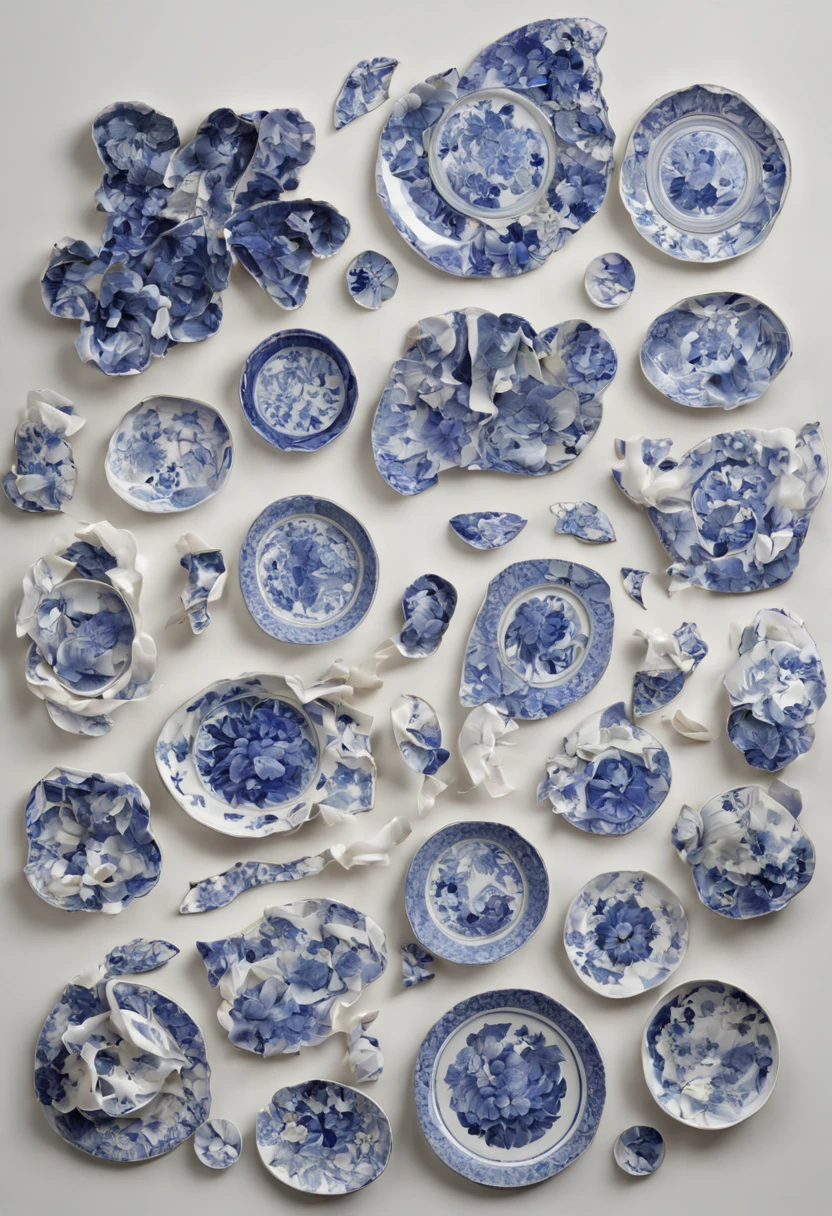 A realistic photograph of a mosaic collage depicting a floral pattern made from irregular broken pieces of Blue willow fine china and porceline pieces.