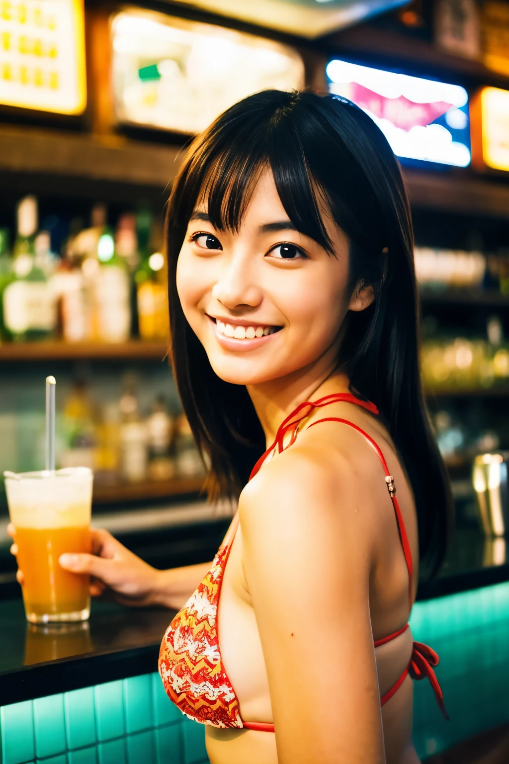 Top quality, 1 beautiful japanese woman, wearing bikini, 35mm lens, f/1, at bar counter, camel claw, smile