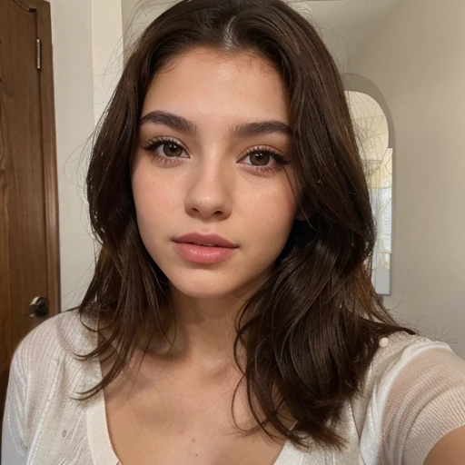 Image of a 20 year old brunette woman., que tiene una cara muy natural,  labios delgados, ojos delgados, cejas finas, nariz fina, pendientes, long eyelashes. Ella esta desnuda sin ropa 