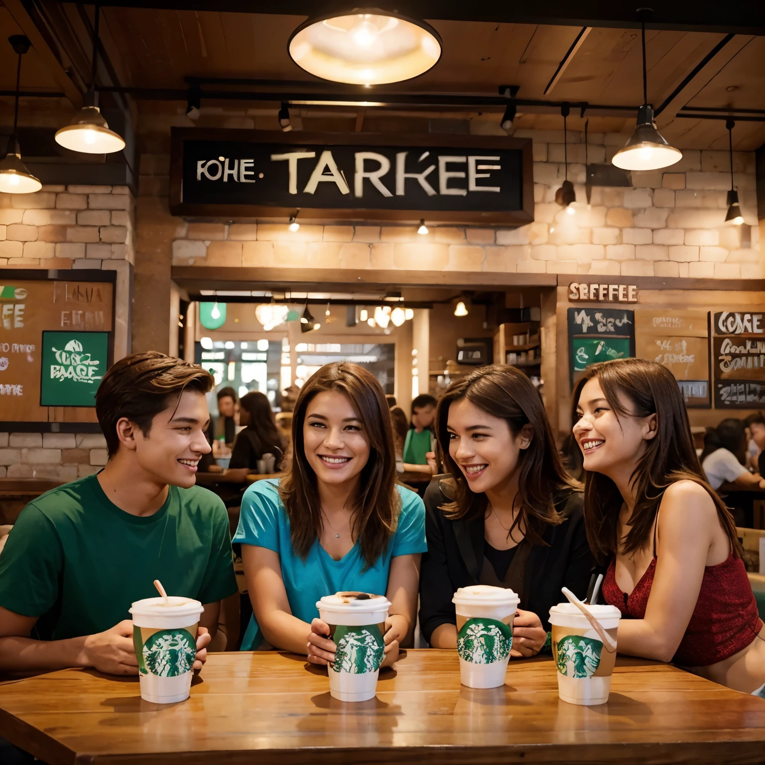 Generate an image of a vibrant Starbucks coffee shop scene with five friends: the main male character, two other male friends, and two female friends, all happily chatting in a brightly lit atmosphere.