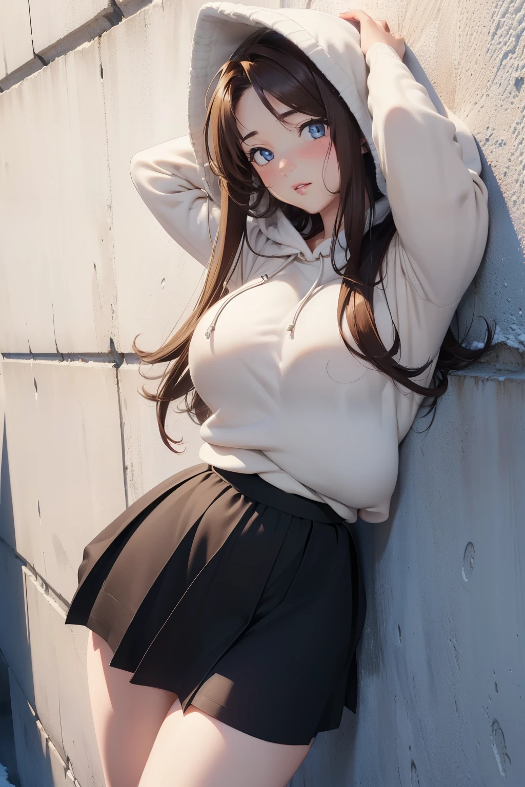 (masterpiece, best quality, cinematic, photorealistic, ultra-detailed), 1girl, thicc, (medium shot, from below:1.5), (Naru Narusegawa of Love Hina, (long and dark brown hair, loose and flowing locks hair), perfect hands, perfect face, (huge breasts:1.4), round ass, (wears a white hooded sweater, black shirt and skirt:1.3), (seductive pose), (blue eyes, detailed pupils, blushing, slightly parted lips, nude lips), leaning at the wall, (snowy background)