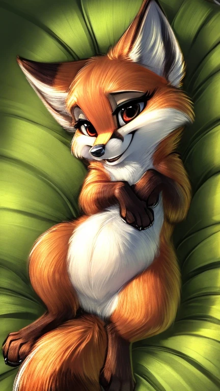 Red female fox laying on back with her hind legs spread open, (feral), paws, paws pads, fur, high detail fur, realistic anatomy, animal anatomy, animal genitalia, female animal genitalia, black nipples on belly, soft belly, feral, (furry artwork), high detail artwork, artwork by carrot.