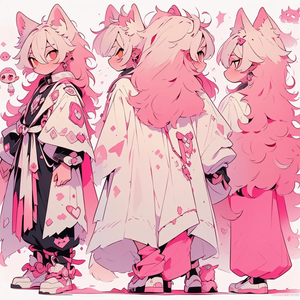 ((masterpiece)),(((best quality))),(character design sheet, exact same character, full body), ((one front fullbody image, one back fullbody image)), (vtuber model), (male), white fluffy hair, white and pastel pink husky ears, yellow left eye, pink right eye, simple gothic outfit