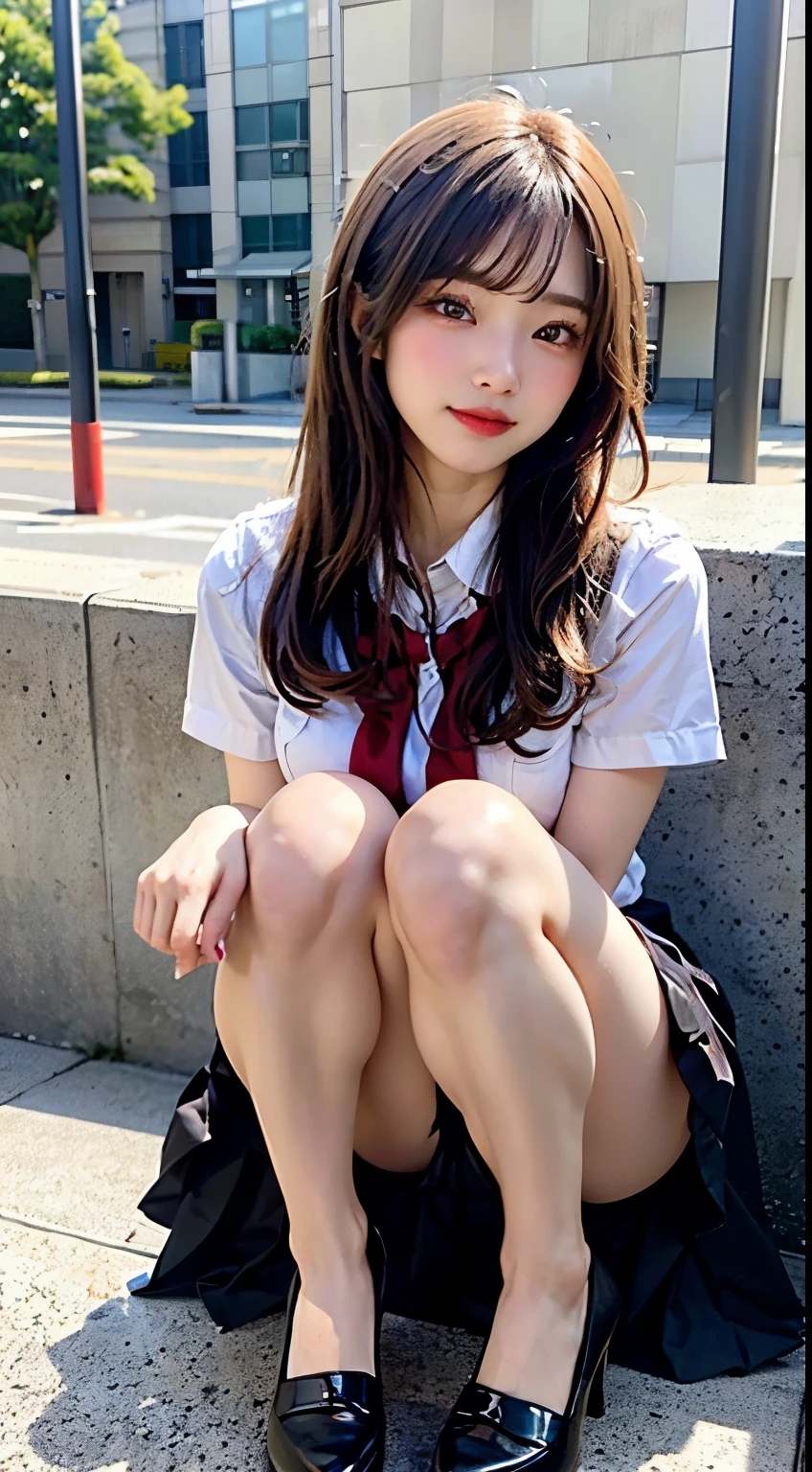 (Look away)、Put your hands on your knees、((White panties are visible))、(Squatting panty shots)、二重まぶた、Perfect fingers、perfectly proportions、Colossal tits、Lashes、heels on the ground、beatiful detailed eyes、ultra-detailliert、hight resolution、Transcendent beauty、top-quality、masterpiece、((Japanese girls' high school uniform))、Very detailed expression、school classrooms、Highly detailed appearance、a 18 year old girl、front facing、(((dynamicposes)))、((Sitting on legs with bent knees))、Sexy upper eyes、low angles、