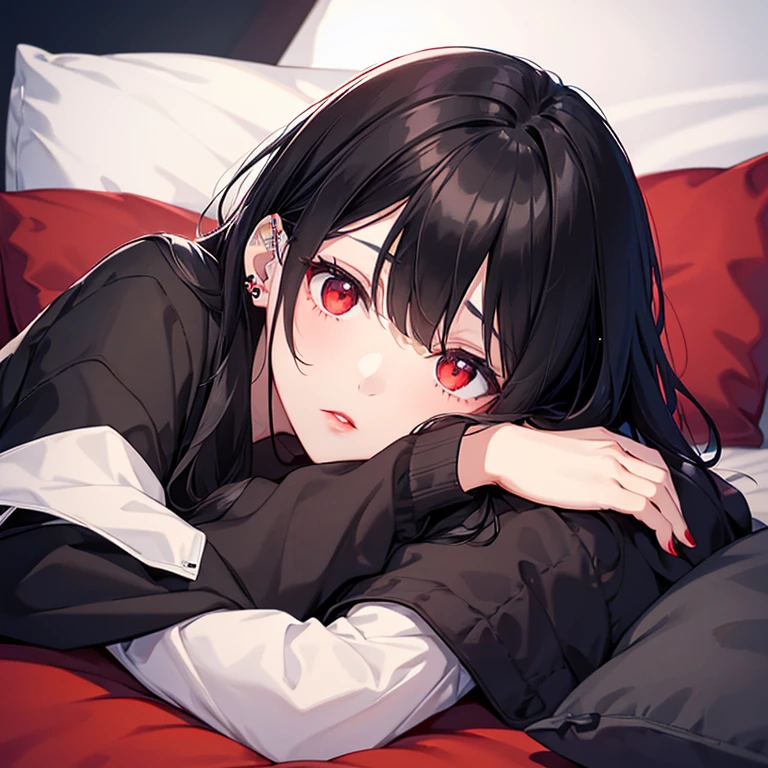red lips,black hair,black clothes,long sleeve,winter,futon,co-sleeping,red eyes,small ear piercing,co-sleeping,sleep on your stomach,sleep with your arm as a pillow,A little sideways glance,front,futonの中にいる,Only one person in the illustration