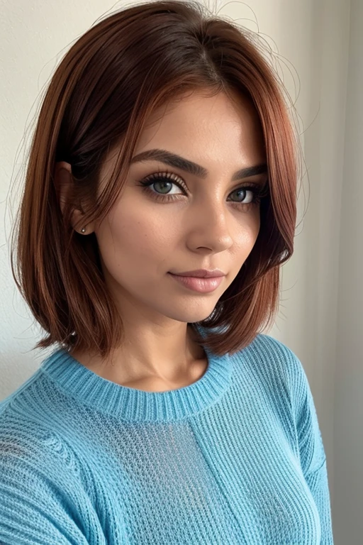mujer, pechos grandes, pelirrojo, ojos azules, transparent sweater, small chin
