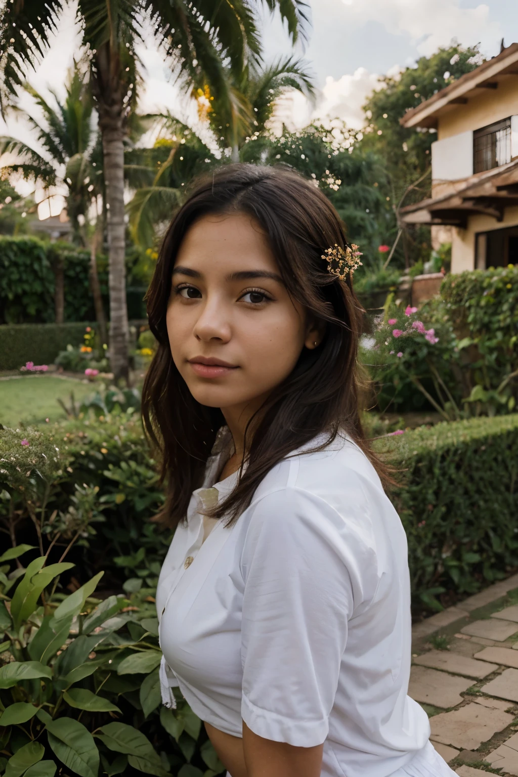 colombian girl, curious face, the background is the garden of her house, perfect , best quality, hiperrealistic photo, selfie photo with camera