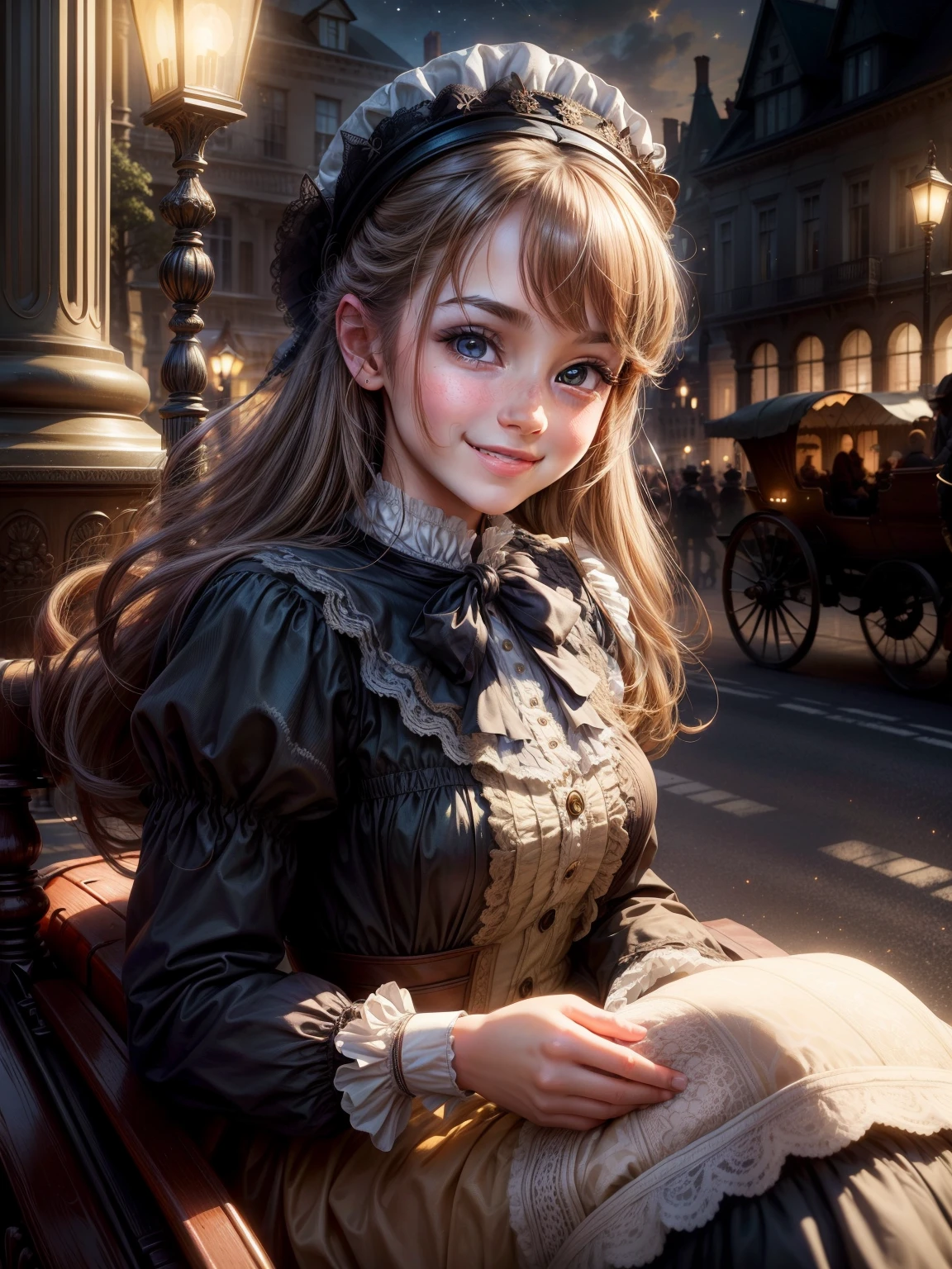 (masterpiece), best quality, expressive eyes, perfect face,a girl smiles towards the camera in a wonderful sunny day. her smile is cheerful but contained and reserved, Victorian era posing in front of a period building, night, street lights, people along the road, horse-drawn carriages, romantic atmosphere, sky with various nocturnal colors and stars.
