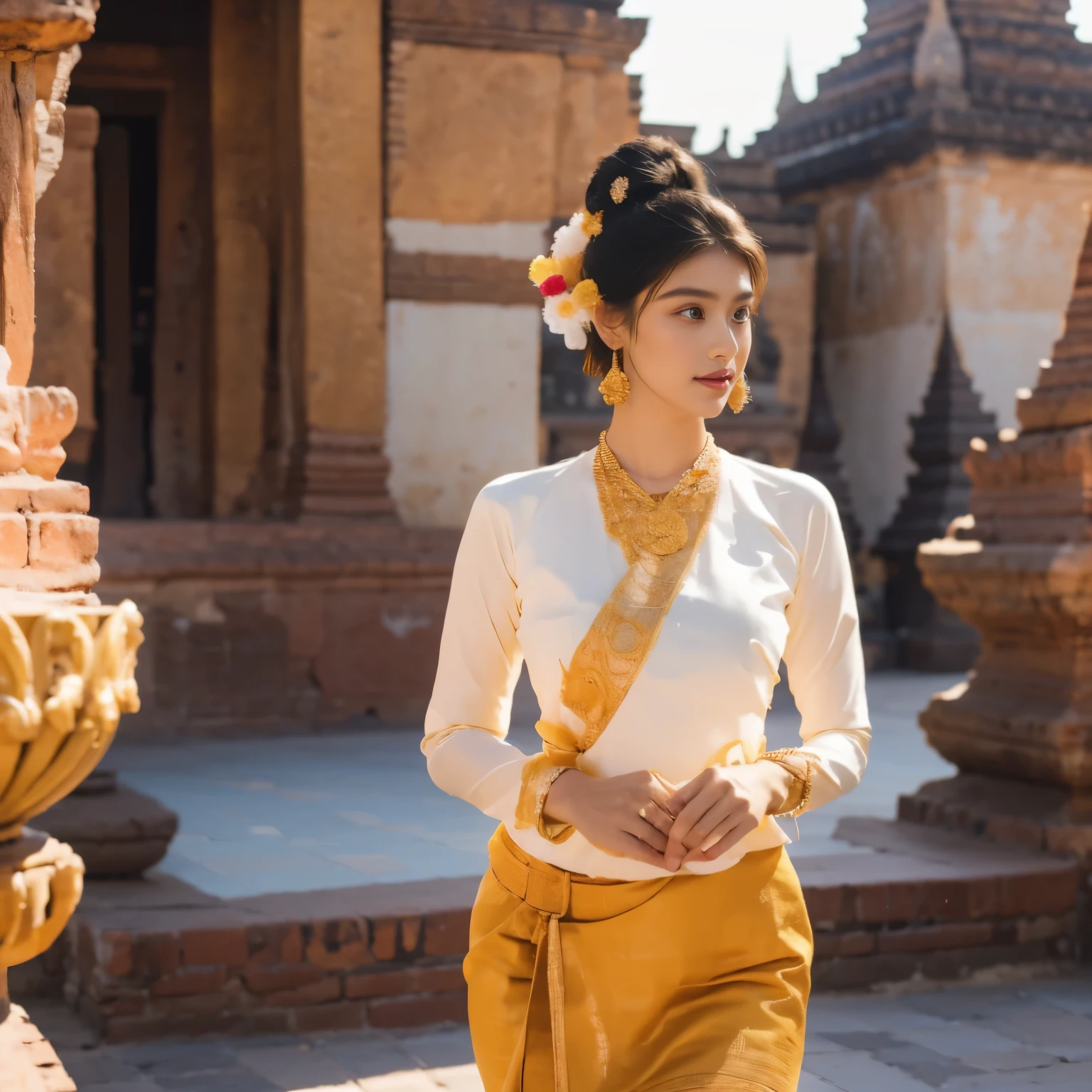 A breathtakingly beautiful young woman dressed in a Keng Tong Tai Khun traditional outfit, captured in a full-body photorealistic portrait against the backdrop of the majestic Bagan temples.

Details:

Outfit:
Exquisite Keng Tong Tai Khun traditional costume, meticulously crafted with rich fabrics and intricate embroidery. Think vibrant silks, gold thread accents, and delicate beadwork.
Full regalia of accessories: gold bangles adorning her arms, a statement necklace encircling her neck, and gleaming earrings cascading from her ears.
Appearance:
Mesmerizing facial features with flawless skin, captivating eyes, and a gentle smile.
Messy bun hairstyle adorned with fresh flowers and secured with a golden pin.
Pose and setting:
Full-body portrait, standing elegantly against the backdrop of the ancient Bagan temples bathed in the warm glow of the setting sun.
Long shot photography, allowing for the grandeur of both the woman and the temples to be fully appreciated.
Style:
Photorealistic, capturing every intricate detail of the costume, jewelry, and the weathered beauty of the temples.
High resolution (4k) for exceptional clarity and sharpness.
A touch of dreamlike quality, emphasizing the timeless elegance of the woman and the mystical aura of Bagan.