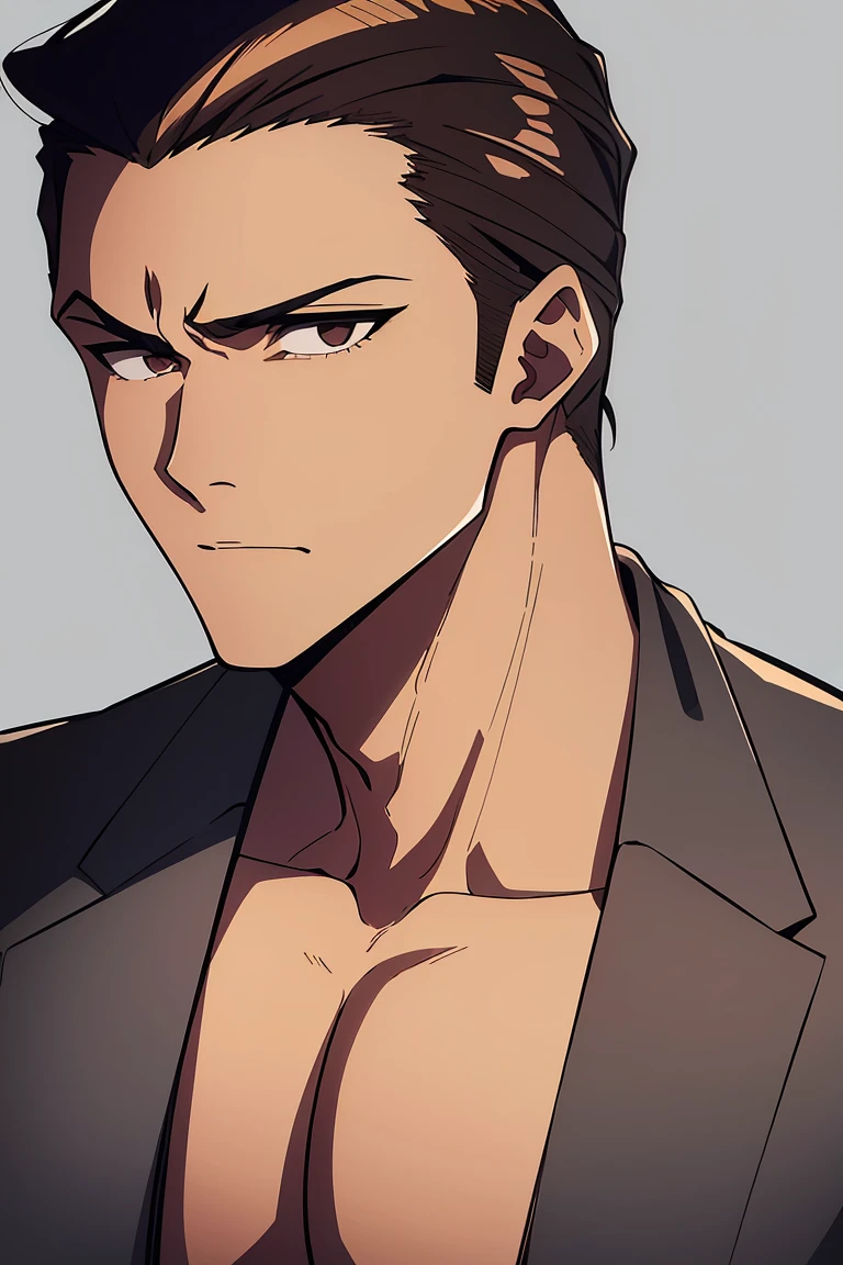a Muscular male with Brown hair slicked back wearing all black, upper body, close-up, masterpiece, best quality