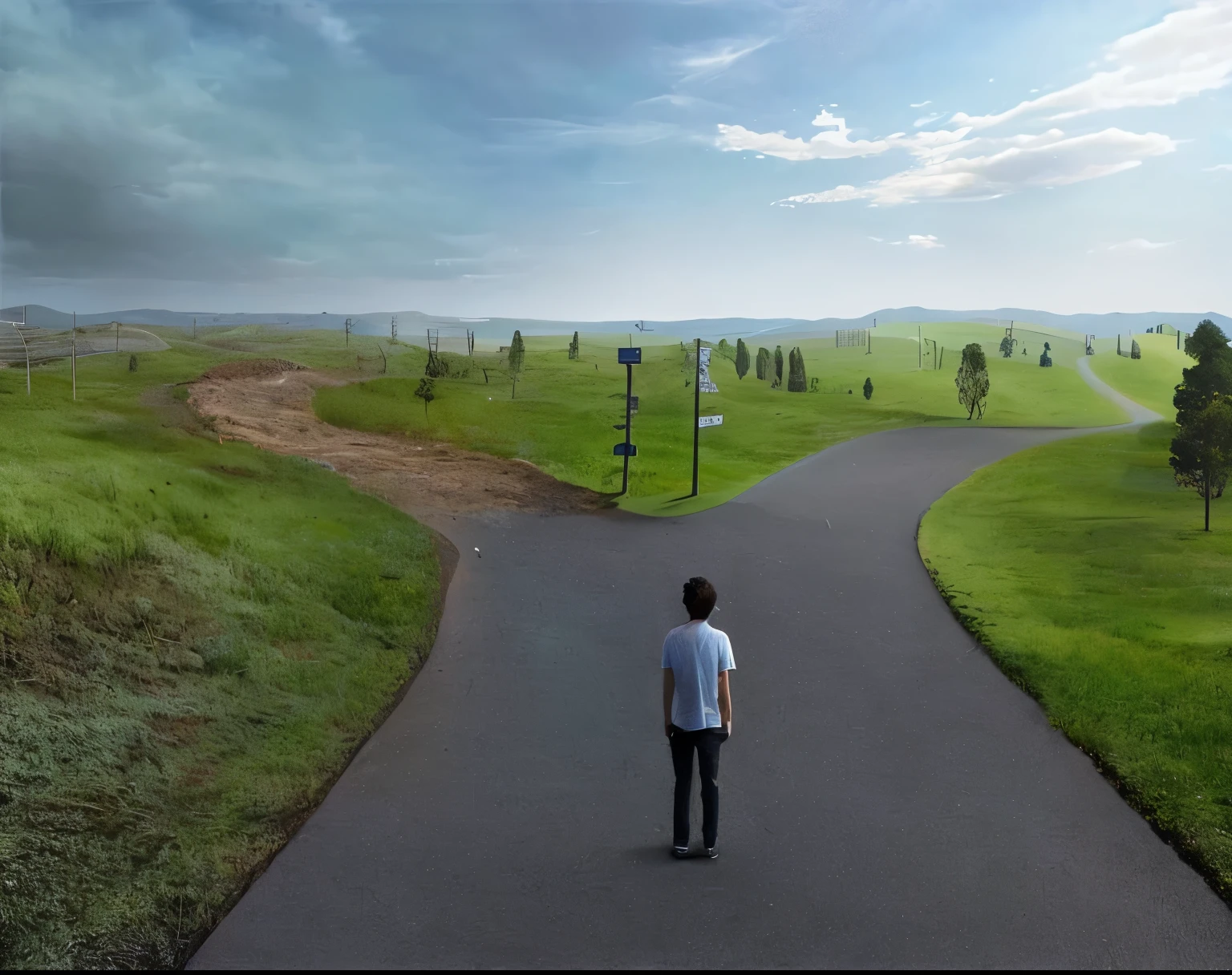 There's a man walking down a road with a skateboard., obra sobre um caminho para a liberdade, photo manipulation, foto surreal, photo manipulation, foto surrealgraphy, parado na estrada, creative photo manipulation, paisagem foto-realidade, Erik Johansson, A jornada da vida, Erik Johansson style, numa vasta paisagem serena, cena surreal, paisagem aberta, paisagem fotorrealista