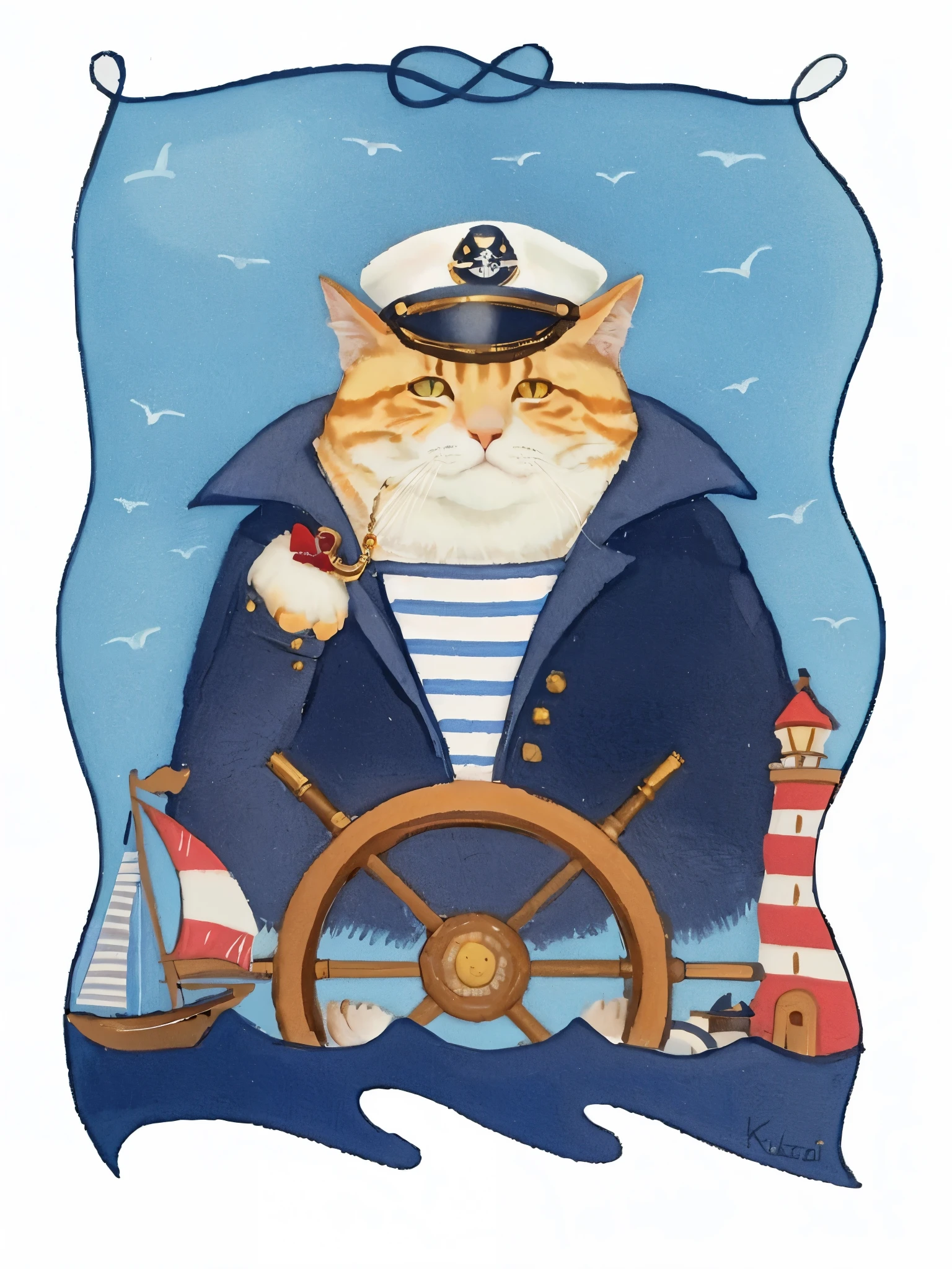 Close-up of a cat in a sailor's cap with a pipe in his hands, This is the captain of the crew, Katerina Wilczynski, Portrait of a cat in the form of a pirate, on the sea, Žuža Mate, inspired by Horatio Nelson Poole, Anthropomorphic cat, by Elina Karimova, Sail away