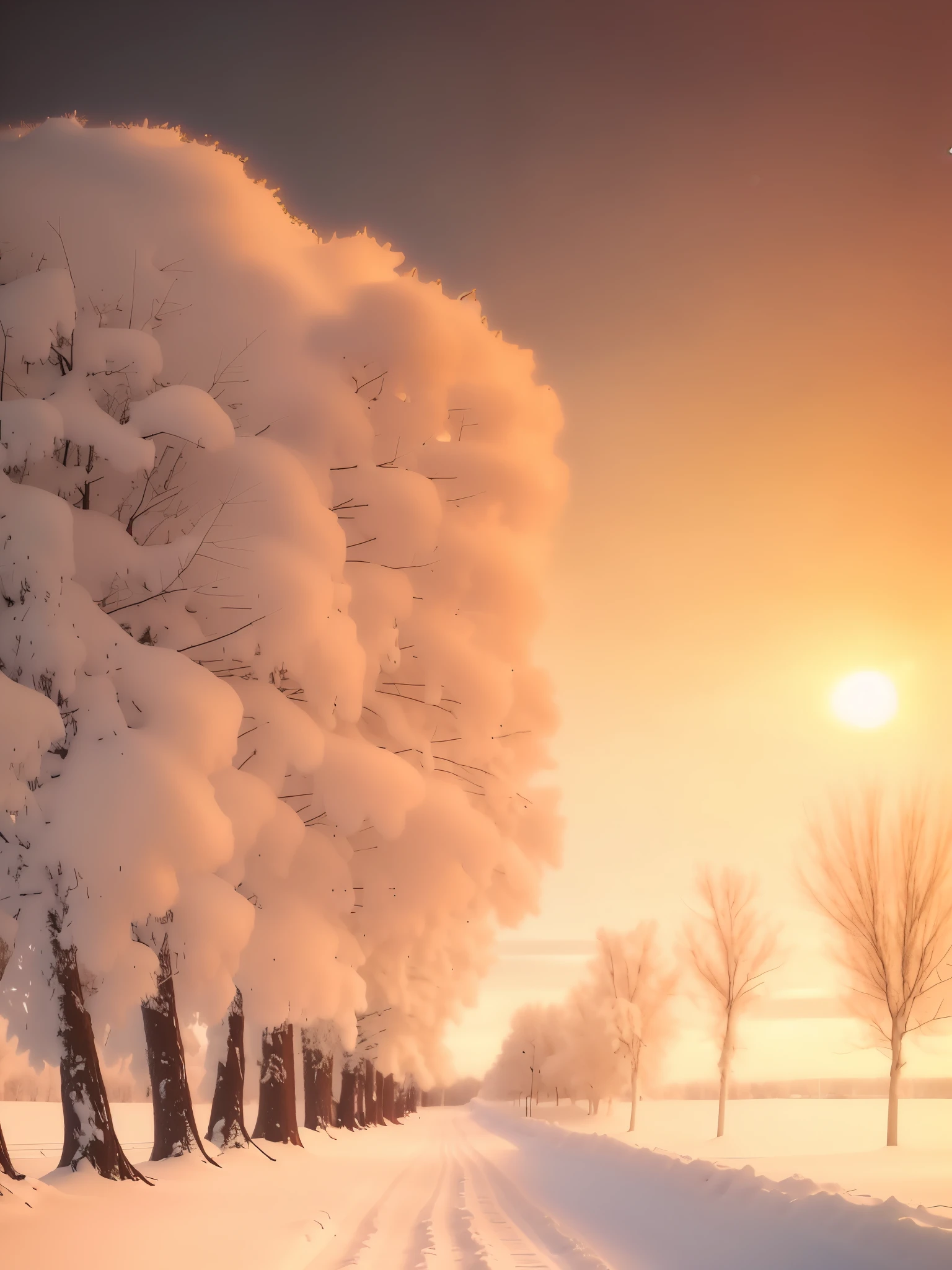 snowy road with trees and snow on both sides, warm beautiful scene, glowing snow, winter atmosphere, cold sunset, cold but beautiful, soft light of winter, ethereal soft and fuzzy glow, breath - taking beautiful trees, breath-taking beautiful trees, snow glow, soft white glow, beautiful sunset glow, winter setting, extremely beautiful and ethereal, beautiful glowing backlit