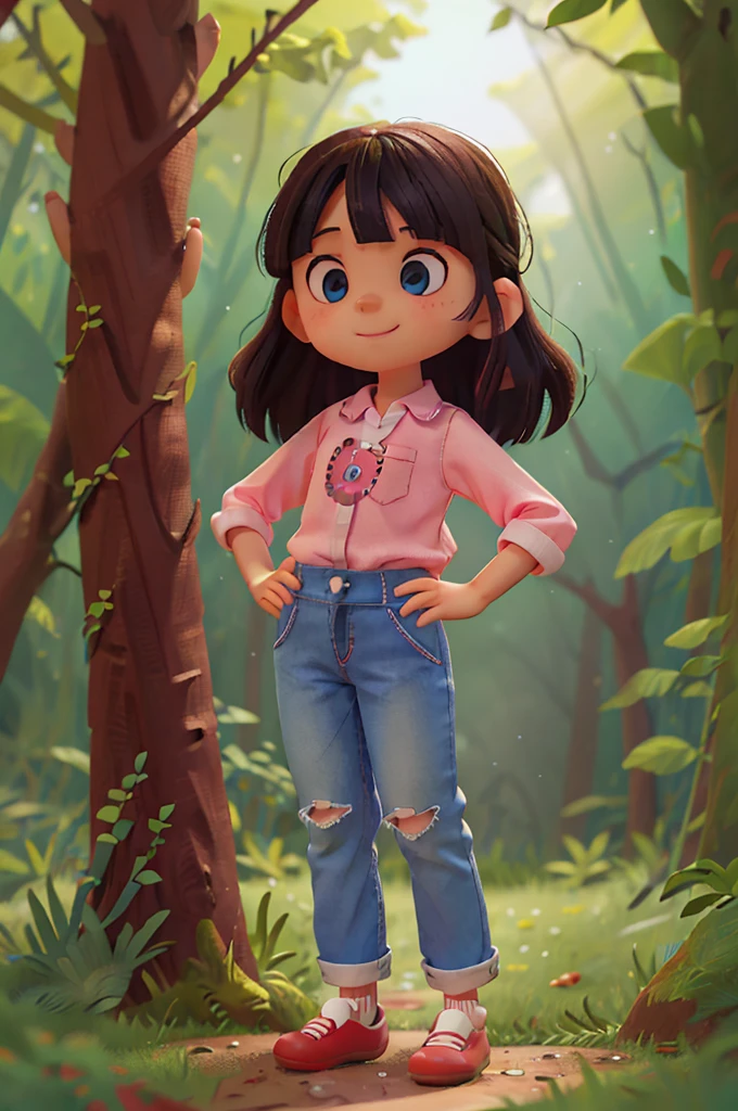 crie menina anos morena cabelos curtos, em um bosque, com rosto feliz saia azul jeans, camisa rosa com com olhos azuis, Red loop, pantufas colidas, children's normal style with multiple poses on a white background unaccompanied 6 years old,