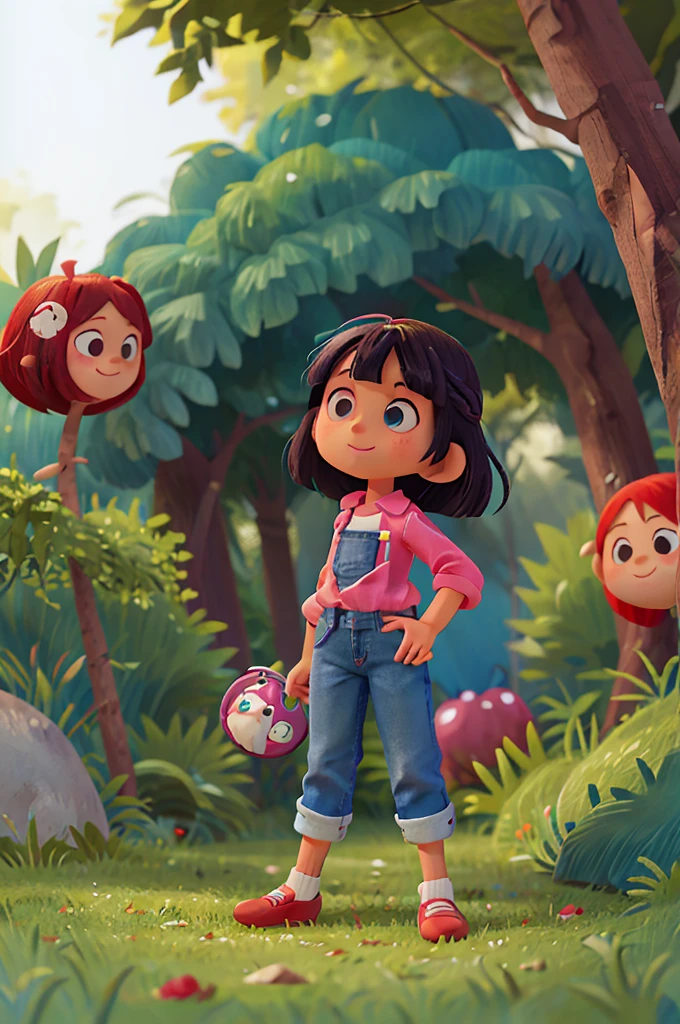 crie menina menina com 6 anos morena cabelos curtos, em um bosque, com rosto feliz saia azul jeans, camisa rosa com com olhos azuis, Red loop, pantufas colidas, children's normal style with multiple poses on a white background unaccompanied 6 years old, fofo