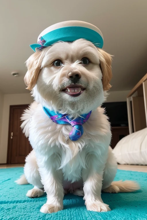 Cão Maltese de pelo muito longo  e cor de pelo albino, brincando com seus Brinquedos em um lindo quarto fofo,  Dog with an expression of happiness when he sees his owner, Cachorro com boca aberta, breed dog ,  German dwarf spitz, Lulu of Pomerania, Maltese ,Yorkshire Terrier, lindo Maltese posando para uma foto usando roupas fofas,   fofo usando vestido fofo de princesa, luxurious hat, ties, Bandanas, vestido, cores fofas, children&#39;dog clothing colors. low angle view, eye level shot (virilha),Just huge morbid thighs, gordinhas, extremamente grossas;,rima de trabalho, melhor qualidade, (Vista frontal), (vista da minhoca&#39;olhos), perspectiva do olho do minhoca, low angle.