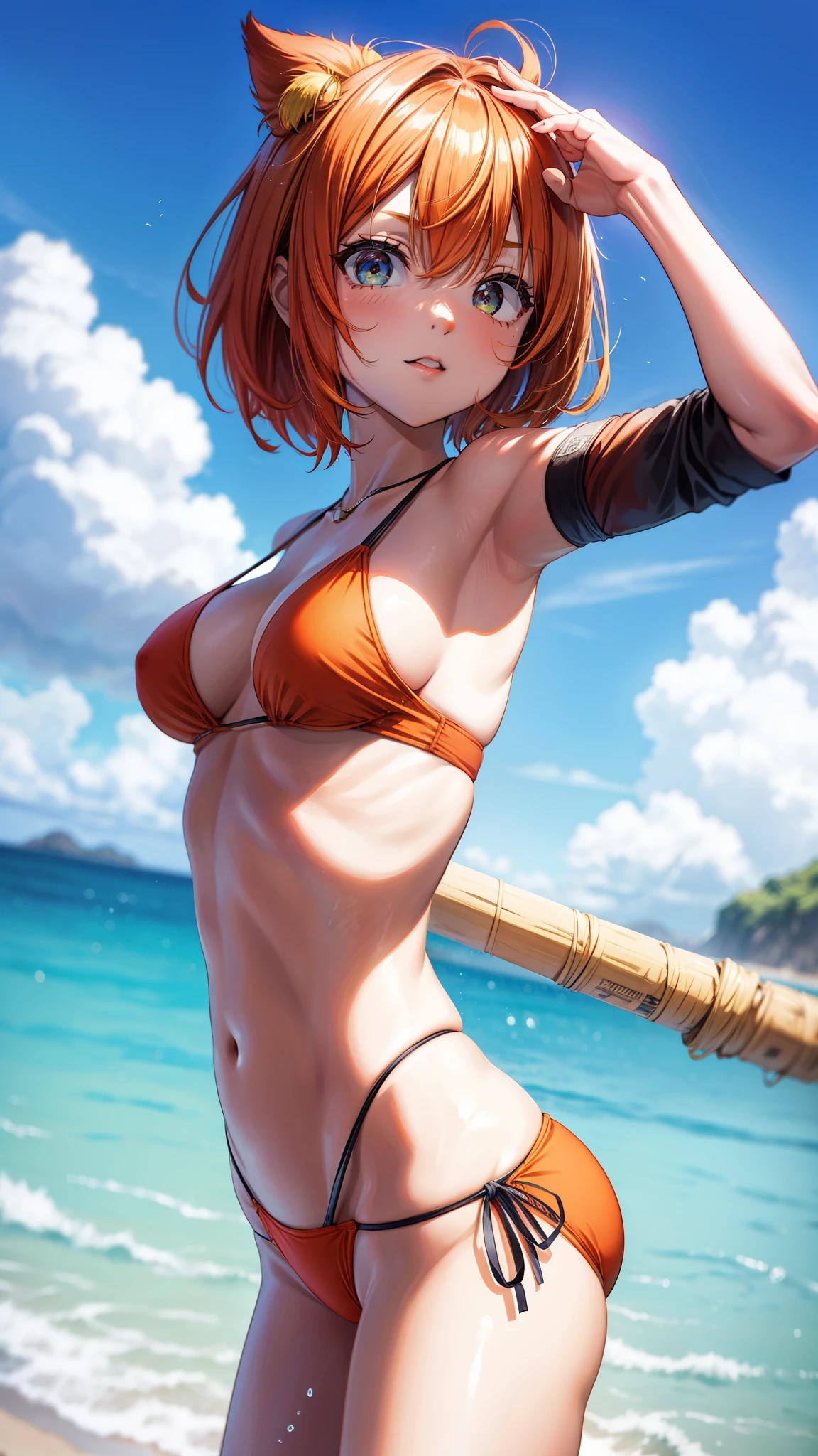 Yotsuba Nakano, franja, short hair, olhos azuis, cabelo entre os olhos, fita de cabelo, faixa de cabelo, orange hair, fita verde, sbikini, estilingue_sbikini_top