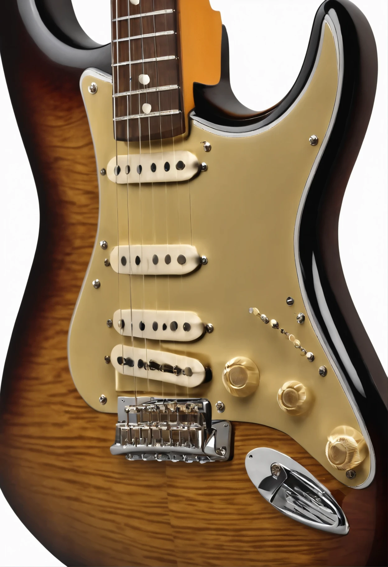 (best quality,ultra-detailed,realistic:1.37),close-up of an elegant Fender Stratocaster,guitar details,headstock,beautifully crafted instrument,precise fretwork,metallic finish,glowing in the spotlight,detailed tuning pegs,smooth curves,perfectly polished body,fretboard with intricate inlays,rich tones and harmonics,professional-grade musical instrument,world-renowned brand,vintage vibe,long-lasting durability,iconic double-cutaway design,exquisite craftsmanship,signature tremolo bridge,classic Fender logo,guitar strings vibrating with intensity,vivid colors,excellent lighting,studio setup
