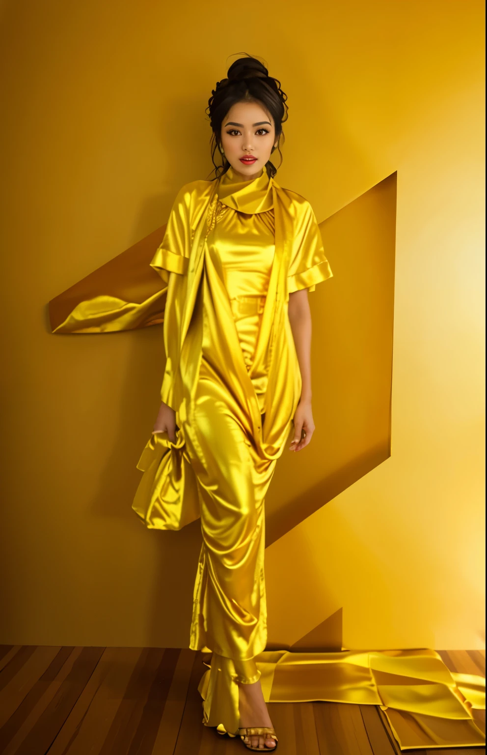 araffe woman in a gold outfit standing in a room, draped in silky gold, gold clothes, golden robes, with yellow cloths, gilded outfit, draped in gold, gold suit, gold silk, sukhothai costume, draped in shiny golden oil, tai costume, flowing golden scarf, golden dress, wearing a luxurious silk robe, in a gold suit